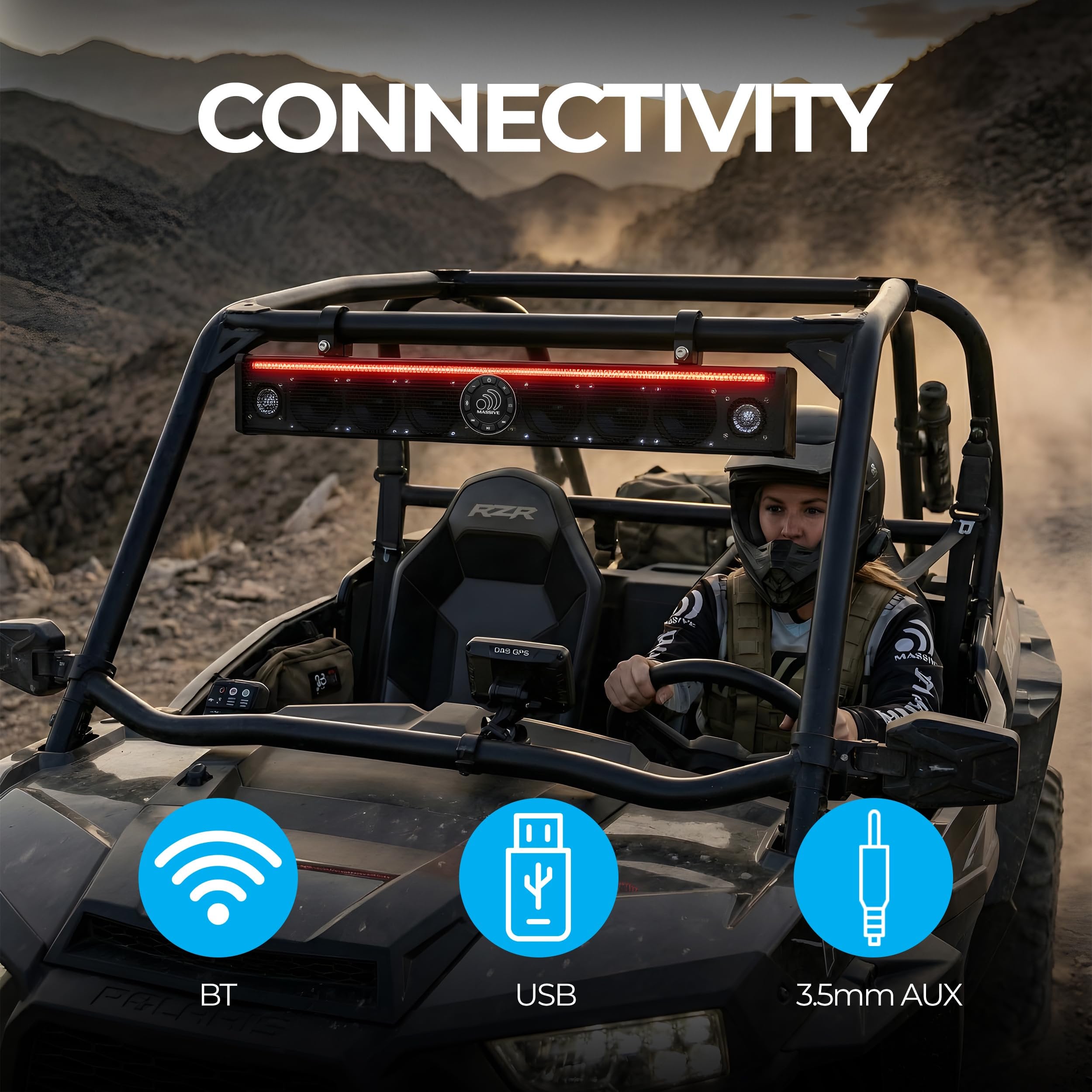 Massive Audio T8SB 8-Speaker 30" UTV Soundbar, 400W Marine Sound Bar for UTV, ATV, Golf Cart, IP65 Waterproof Outdoor Sound Bar with RGB LED Lighting and Universal Mounting for 1.75" to 2" Roll Cages