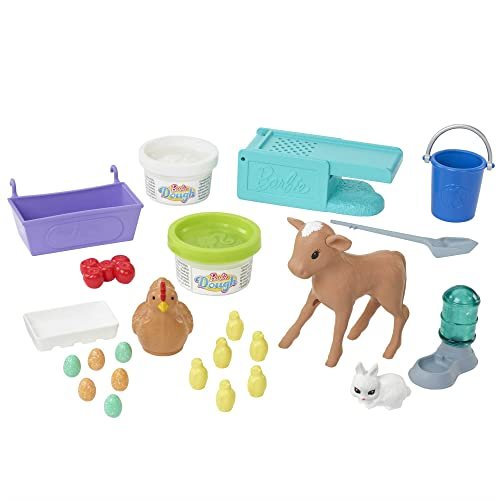 Barbie Careers Playset, Hatch & Gather Egg Farm with Brunette Farmer Fashion Doll, Hatching Molds & Dough, Chicken Coop, 10 Animals & Accessories