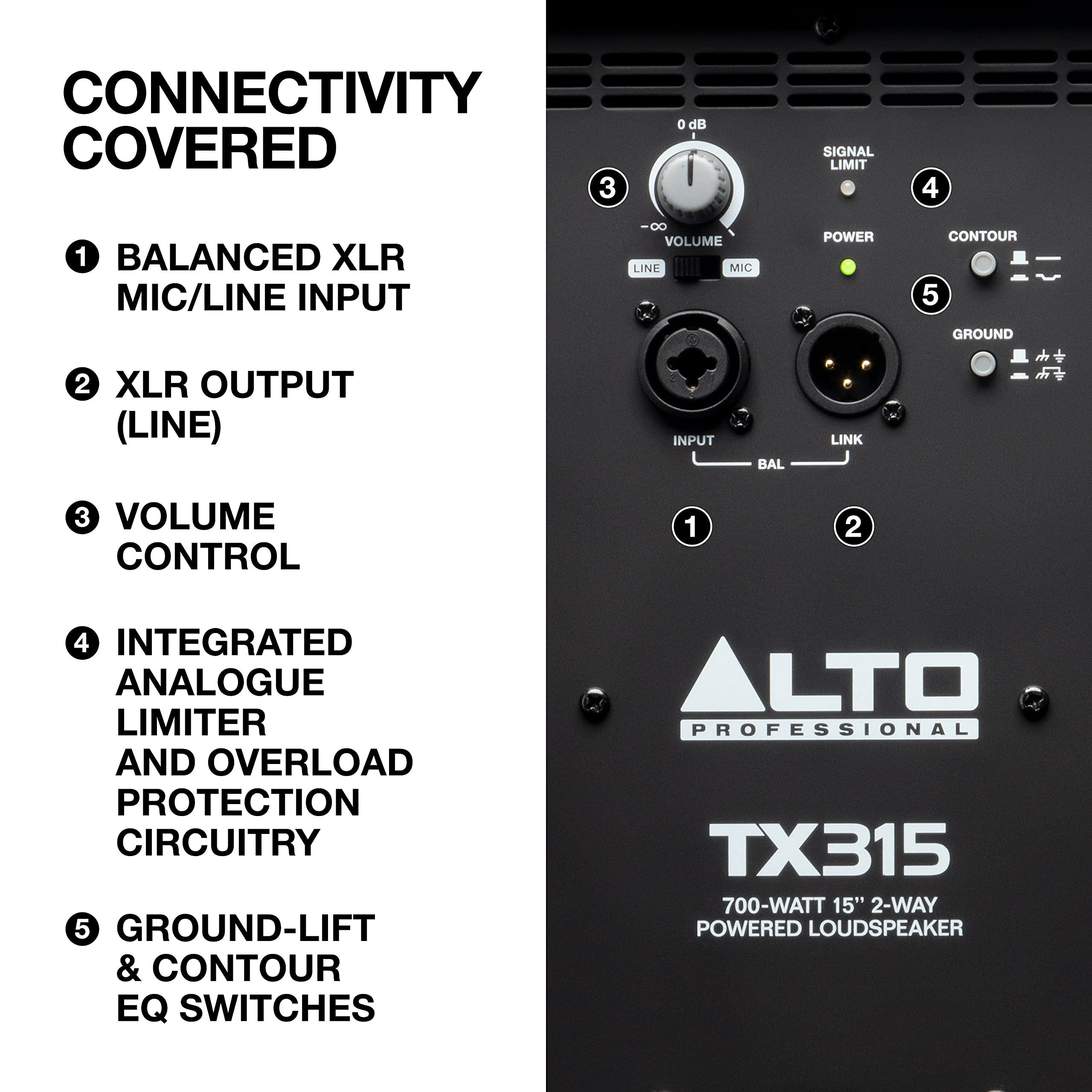 Alto Professional TX315 – 700W Powered DJ Speakers, PA System with 15" 2 Way, signal limiting and switchable mic line preamp and XLR in/out