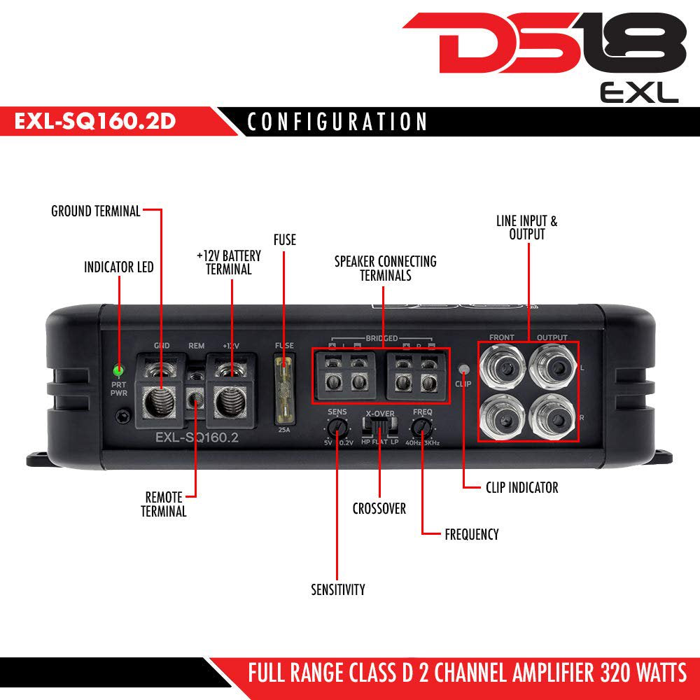 DS18 EXL-SQ160.2 Car Audio Amplifier in Black - Class D, 2 Channels, 320 Watts Max, Full Range Digital, 2-8 Ohm, Surface Mount Components - Car Audio Amp for Subwoofer and Door Speakers