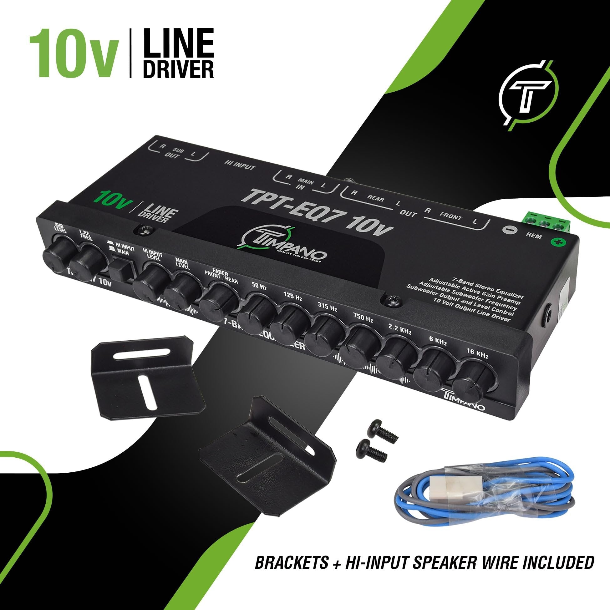 Timpano 7 band equalizer TPT-EQ7 10V High Voltage Line Driver 6 Channel RCA Output and Subwoofer Control and Crossover 1/2 Din Graphic Car Audio Eq with High Level Input