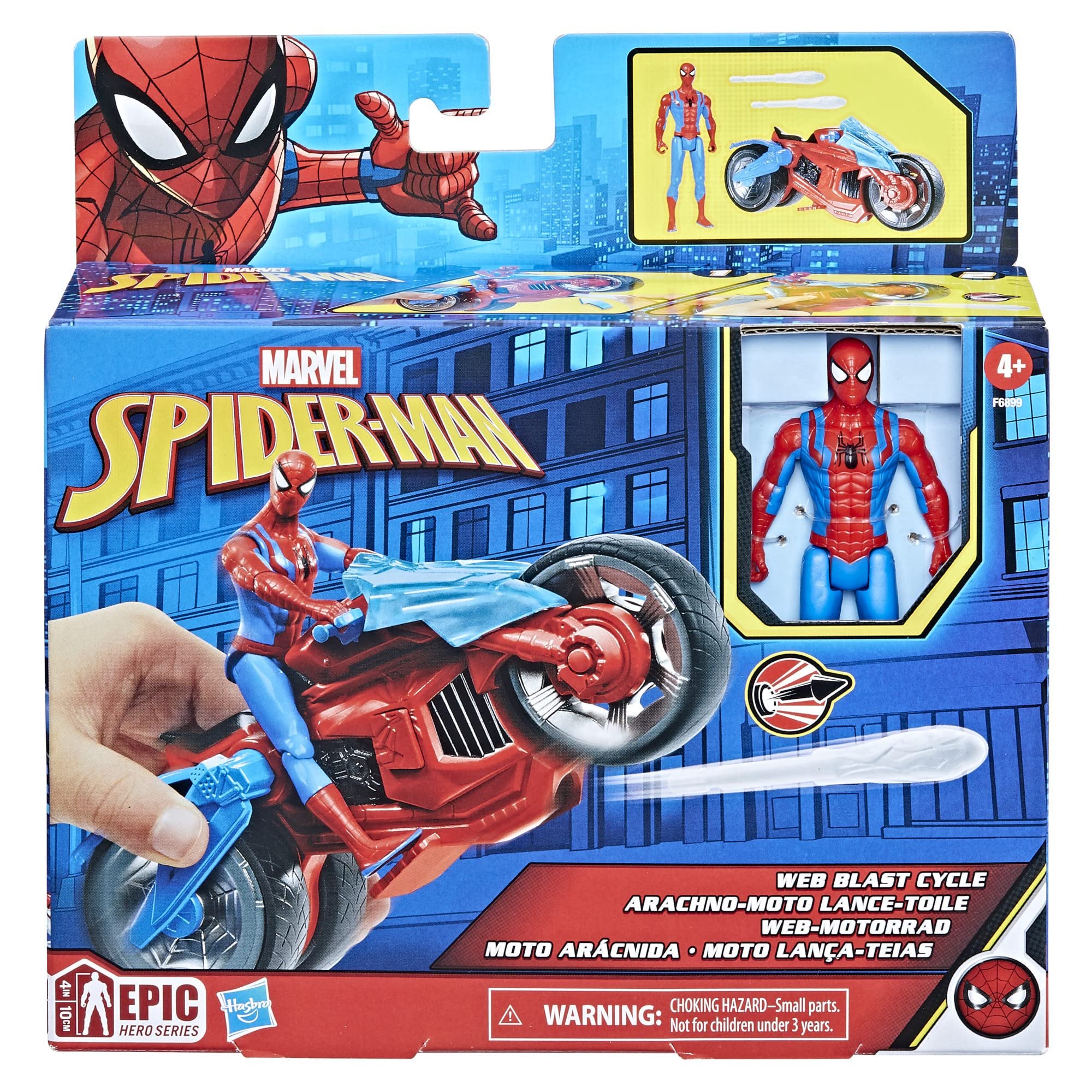 Marvel Spider-Man Web Blast Cycle, 4-Inch Action Figure with Vehicle and 2 Web Projectiles, Kids Playset for Ages 4 and Up