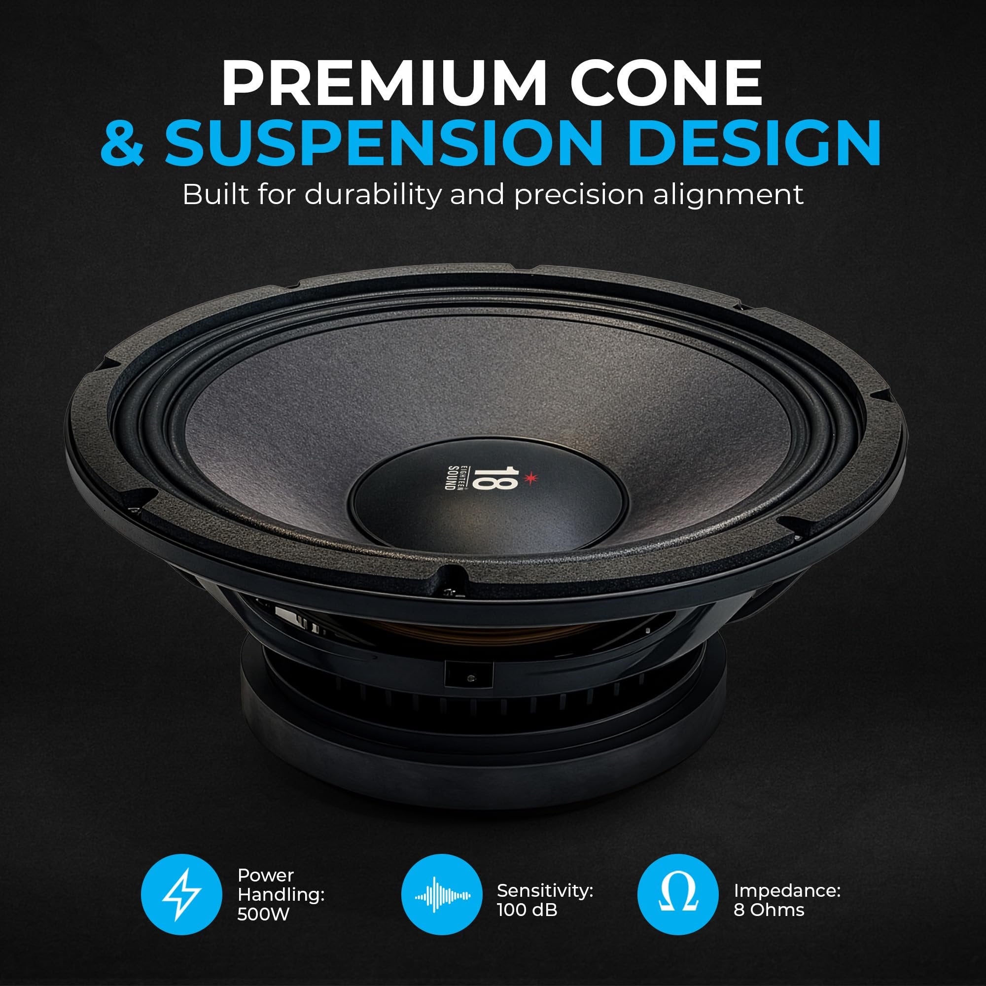 18 Sound 12 Inch Midrange Speaker, High Sensitivity 100dB 8 Ohm Woofer, 500W Power, 3" ISV Voice Coil, Audio Midbass Woofer for Touring & Concert Sound, Weather Treated Cone, Low Distortion Driver