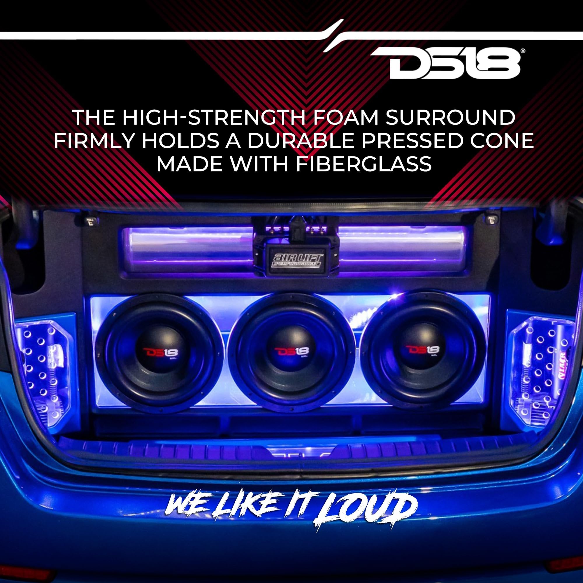 DS18 EXL-X10.2D Subwoofer in Black - 10" Speaker, 1750W Max Power, 850W RMS Power, Fiber Glass Dust Cap, Red Aluminum Frame, DVC, 2 Ohm Impedance, Ferrite Magnet (1 Speaker)
