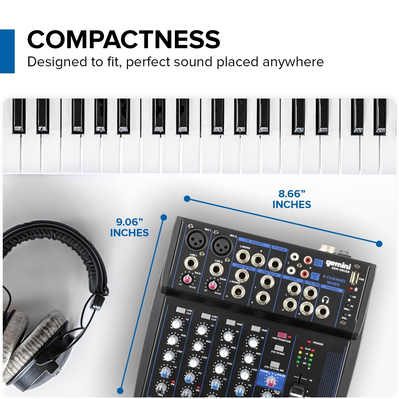 Gemini Sound GEM-08USB - 8-Channel Bluetooth Audio Mixer, Professional Compact DJ Mixer with USB Playback, Phantom Power, 3-Band EQ, and Adjustable FX