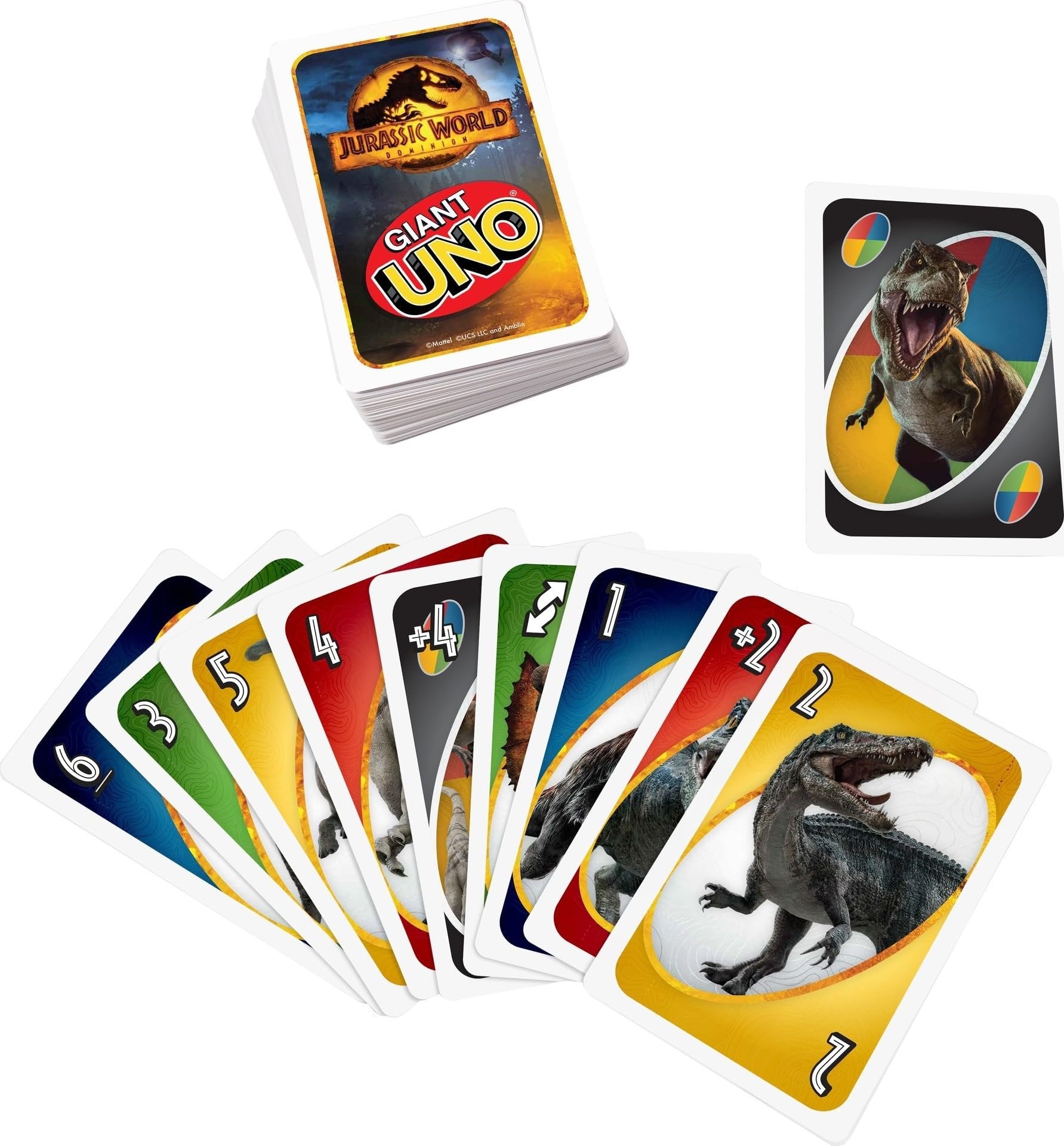 Mattel Games Giant UNO Jurassic World Domination Card Game for Kids & Game Night, Oversized Cards & Customizable Wild Cards