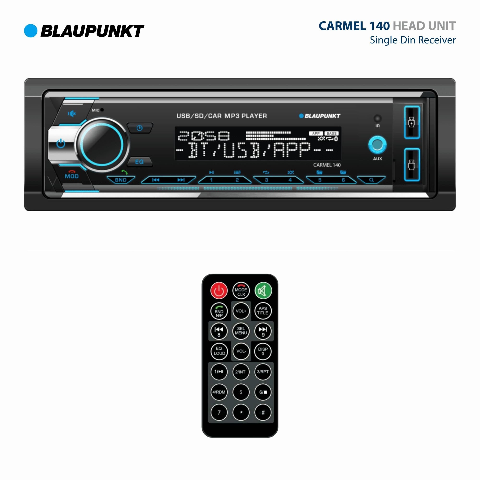 Blaupunkt Carmel 140 Bluetooth Car Stereo - 2 USB Ports, SD Card Slot, AM/FM Radio, USB Charging, Detachable Frontplate
