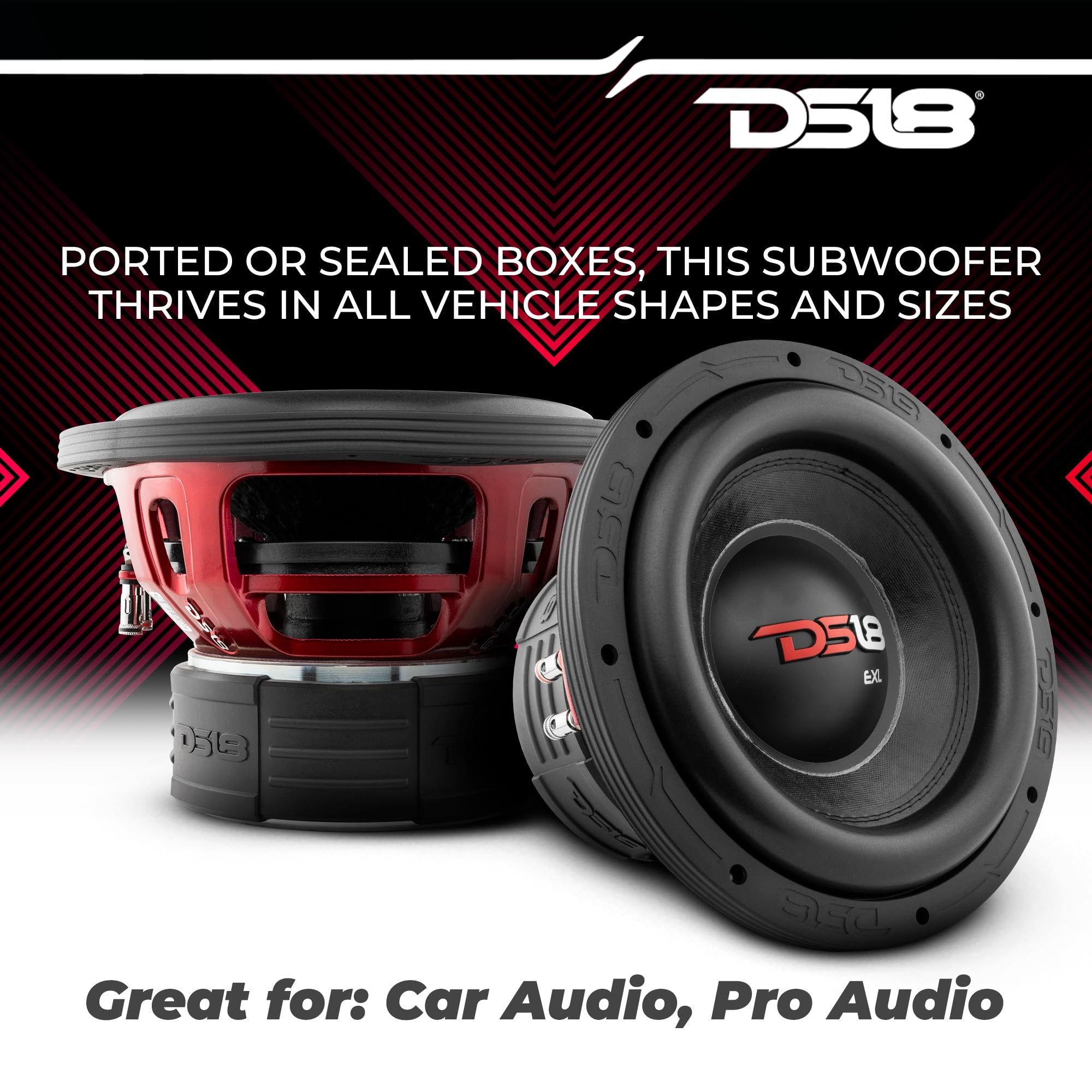 DS18 EXL-X10.2D Subwoofer in Black - 10" Speaker, 1750W Max Power, 850W RMS Power, Fiber Glass Dust Cap, Red Aluminum Frame, DVC, 2 Ohm Impedance, Ferrite Magnet (1 Speaker)
