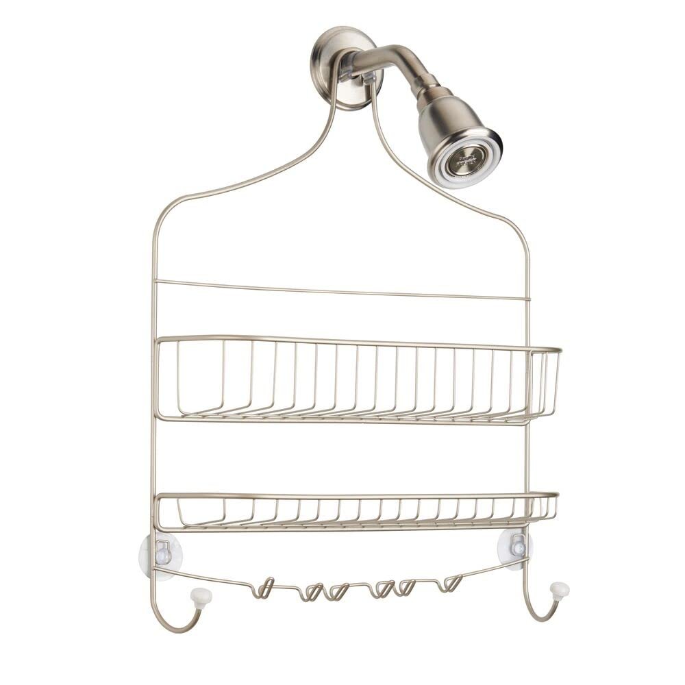 mDesign Extra Wide Metal Wire Bathroom Tub and Shower Caddy, Hanging Storage Organizer Center with Built-in Hooks and Baskets on 2 Levels, Rust Resistant - Satin