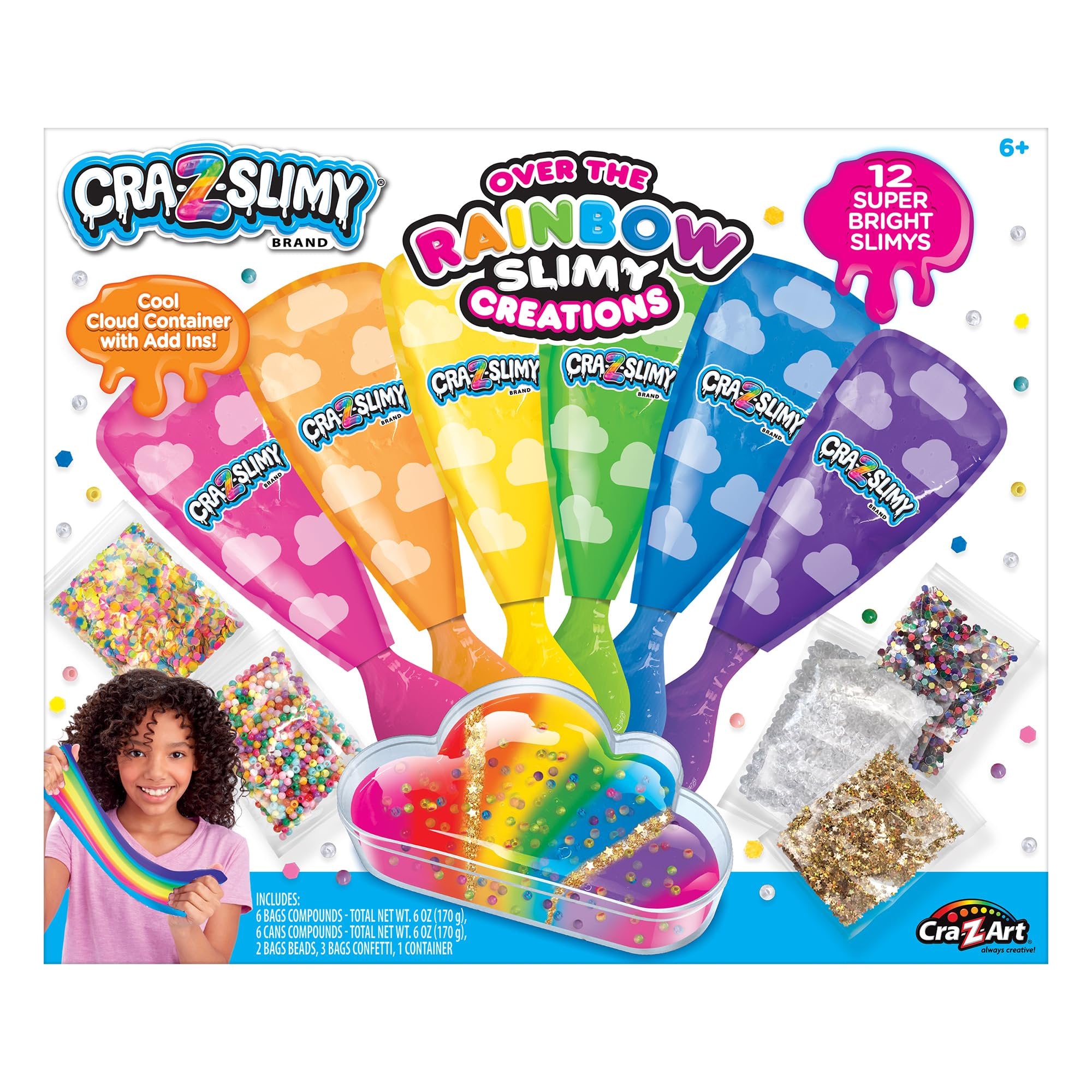 CRA-Z-Slimy Over The Rainbow Slimy Creations Kit, 12 Pre-Made Rainbow Slimes with Piping Bags, Glitter Charms & Cloud Container, Party Slime Kit for Kids Ages 6+