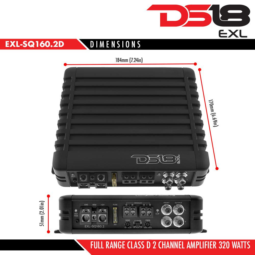 DS18 EXL-SQ160.2 Car Audio Amplifier in Black - Class D, 2 Channels, 320 Watts Max, Full Range Digital, 2-8 Ohm, Surface Mount Components - Car Audio Amp for Subwoofer and Door Speakers