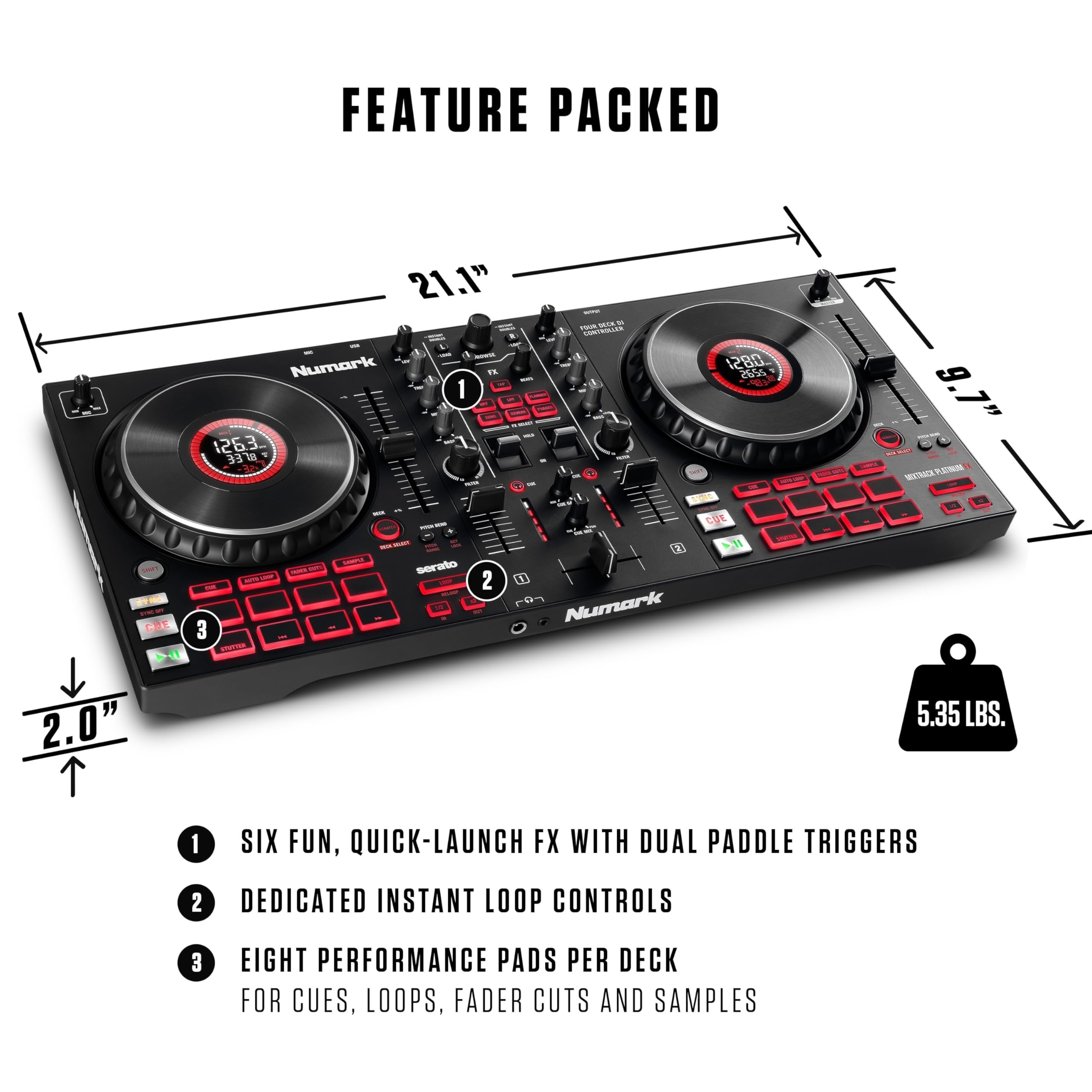 Numark Mixtrack Platinum FX Serato DJ Controller with Jog Wheel Displays, 4 Decks, Mixer, Effects Paddles and (Audio Interface)
