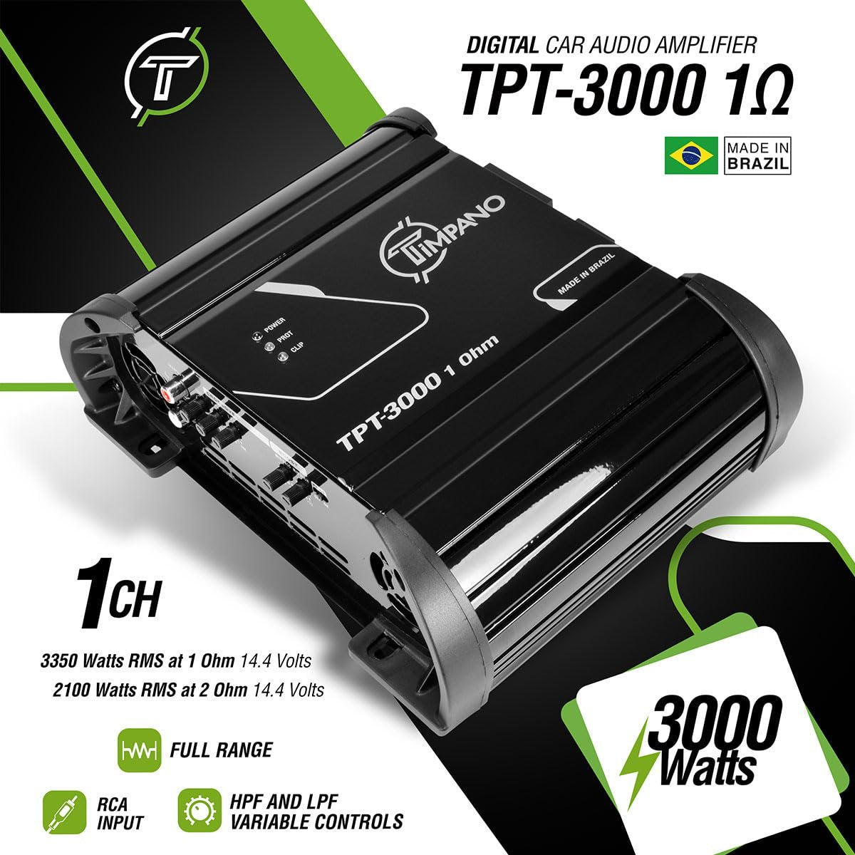 Timpano TPT-3000 1 Ohm Compact Amplifier 3000 Watts, 1 Channel, Full Range Amp Class D for Car Speakers, Loudspeakers, Drivers and Tweeters on Car Audio Systems