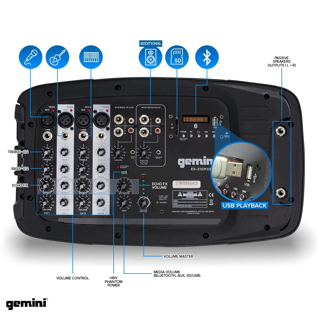 Professional PA System with 8-Channel Mixer - Gemini Sound Portable Dual 10" Speakers, 600W Amp, Bluetooth, USB/SD, Includes 2 Speaker Stands, Mic, and Durable Design for DJs, Musicians, and Events