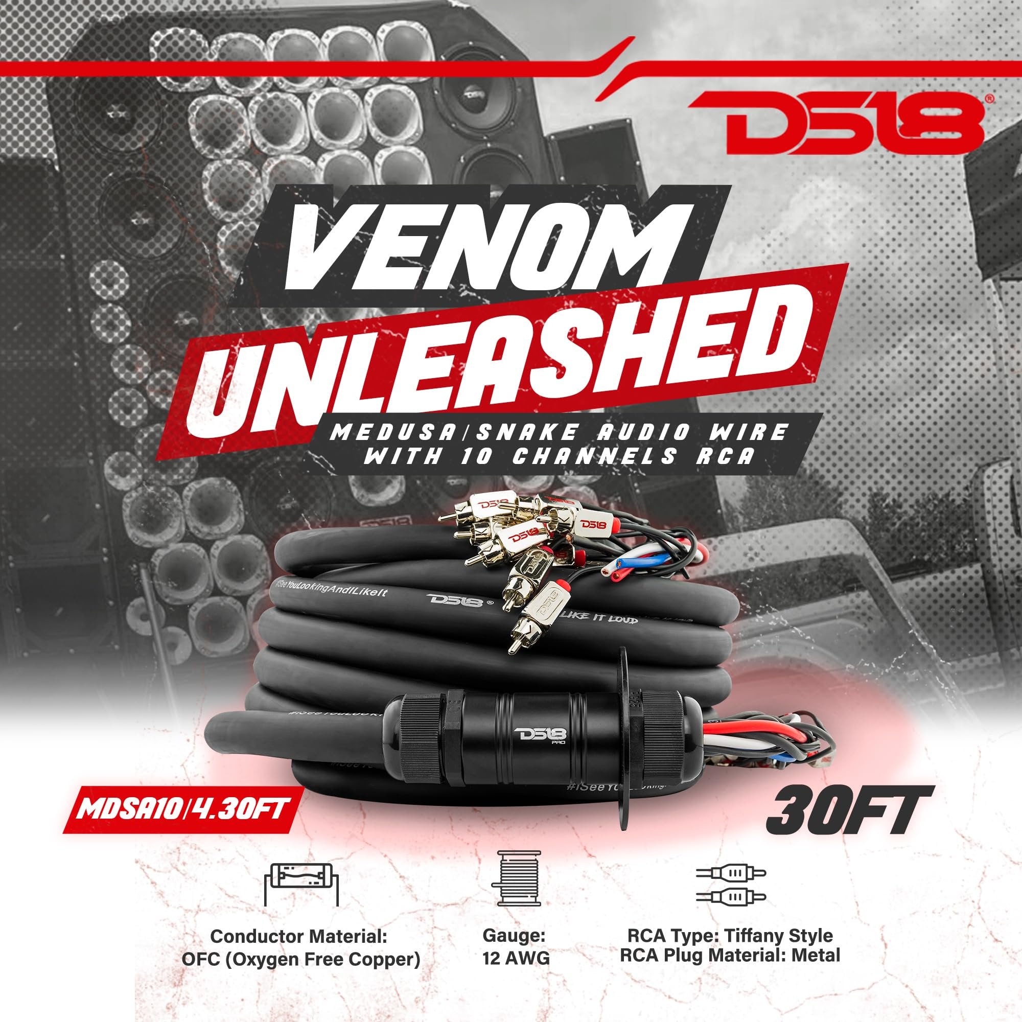 DS18 MDSA10/4.30FT Medusa/Snake Audio Wire with 10 Channels RCA and 4 x 12GA OFC Power Cables 30ft - Heavy Duty Remote Audio/Power Wire Snake Cable for Radio Box Extension