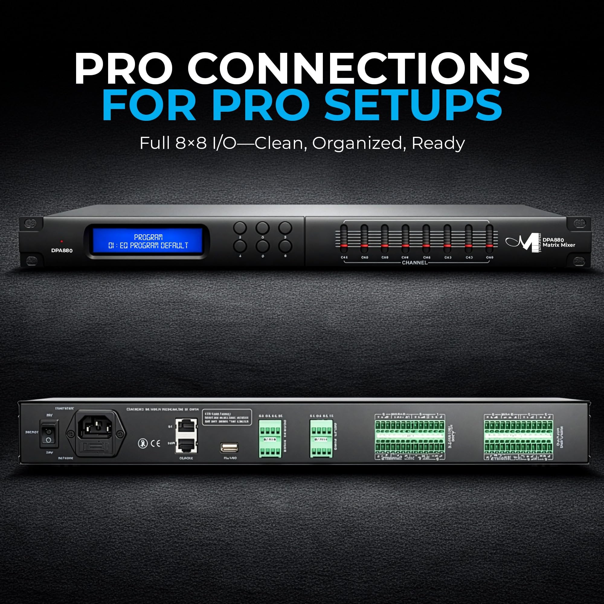 MARANI 8x8 Matrix Switch DSP System, Audio Matrix with USB/RS485 Control, Phantom Power, 6 Presets, LCD Display, Feedback Eliminator, 5-Band EQ, 48V Mic Inputs, 8 Inputs & Outputs
