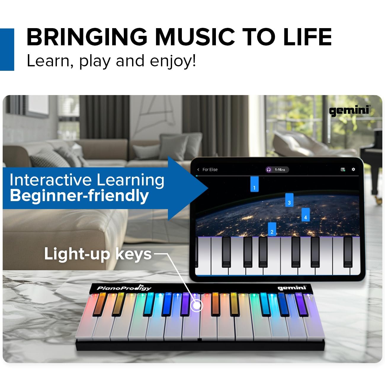 Gemini Sound PianoProdigy: 24-Key Light-Up Wireless MIDI Keyboard | Must Connect to iOS/Android Device for Sound | Expandable, Bluetooth, Portable - Ideal for Young Musicians Learning Piano (24 Keys)
