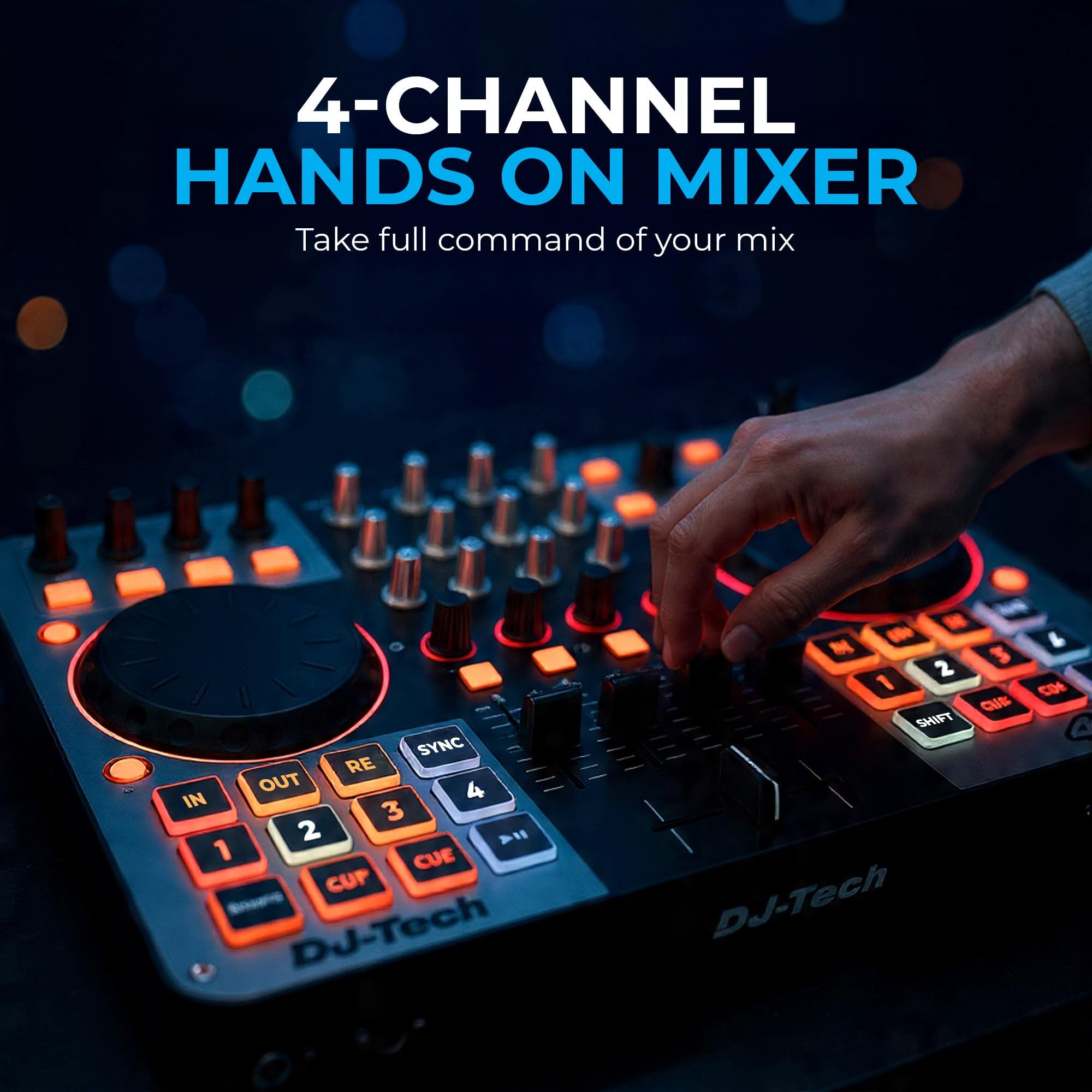 DJ Tech DJ Controller, USB MIDI 4-Deck Control with Integrated Soundcard, 4-Channel Mixer with EQ & Filters, Illuminated Performance Pads, FX Controls, Deck Select Buttons, VirtualDJ LE Included