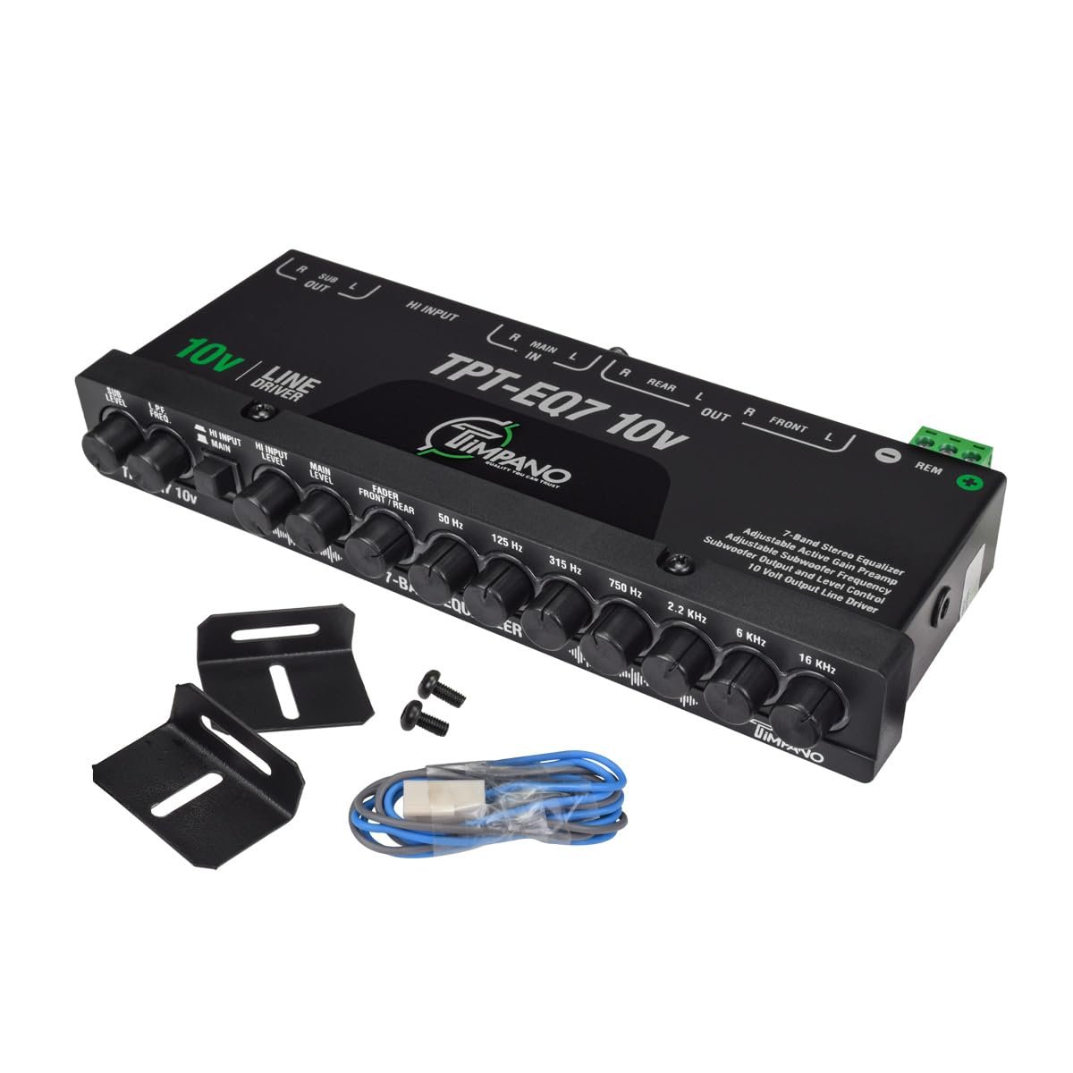 Timpano 7 band equalizer TPT-EQ7 10V High Voltage Line Driver 6 Channel RCA Output and Subwoofer Control and Crossover 1/2 Din Graphic Car Audio Eq with High Level Input