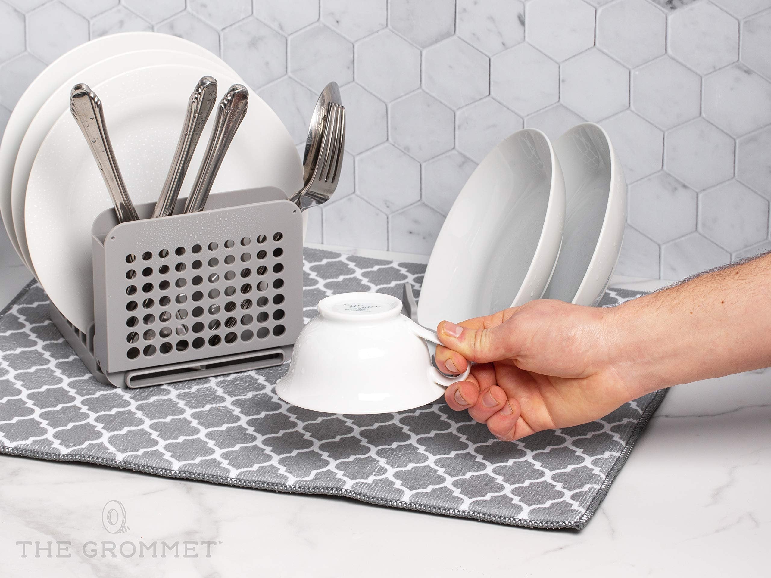 Compact Collapsible Dish Drying Rack and Ultra Absorbent Microfiber Mat. Drain and Air Dry 5 Plates, 2 Bowls and Silverware Without Dripping on Counters or Taking Up Lots of Space (Light Gray)
