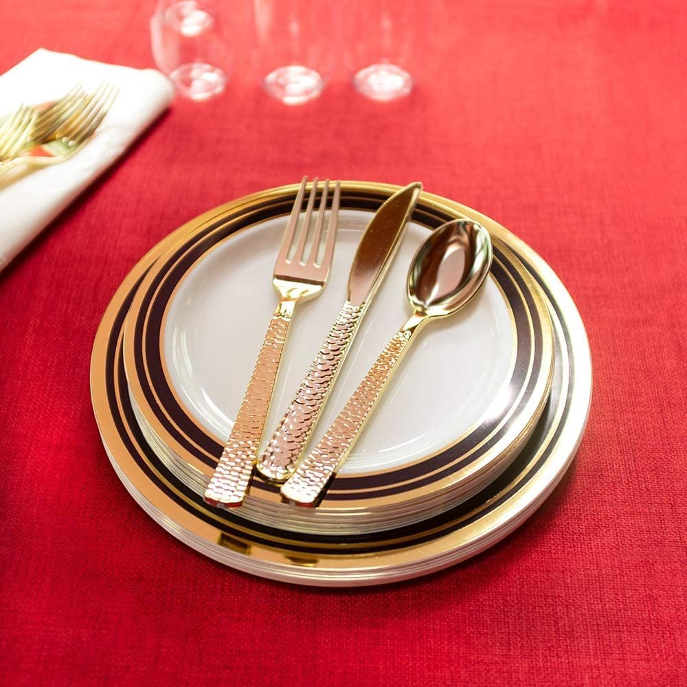 Plastic Cutlery Silverware Extra Heavyweight Disposable Flatware, Full Size Cutlery Combo, Gold Pebbled, 80 Forks, 40 Spoons, 40 Knifes, Value Pack 160 Count