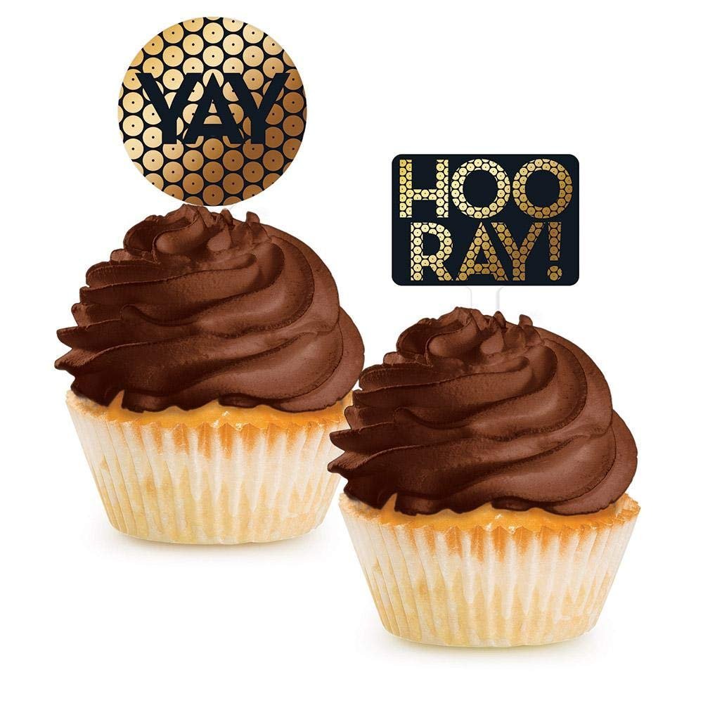 Black and Gold New Year's Party Cupcake Toppers - 12 Pcs.