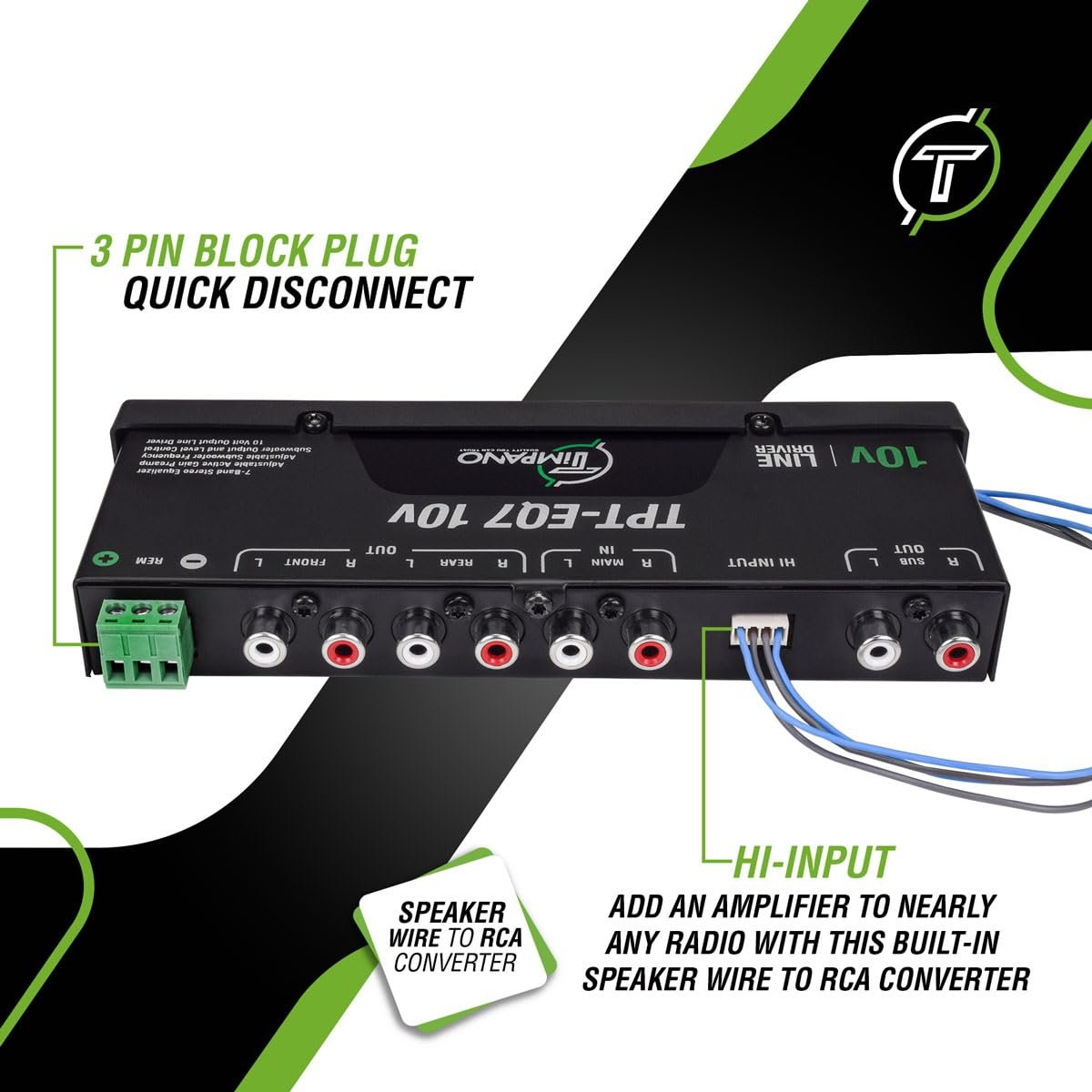 Timpano 7 band equalizer TPT-EQ7 10V High Voltage Line Driver 6 Channel RCA Output and Subwoofer Control and Crossover 1/2 Din Graphic Car Audio Eq with High Level Input