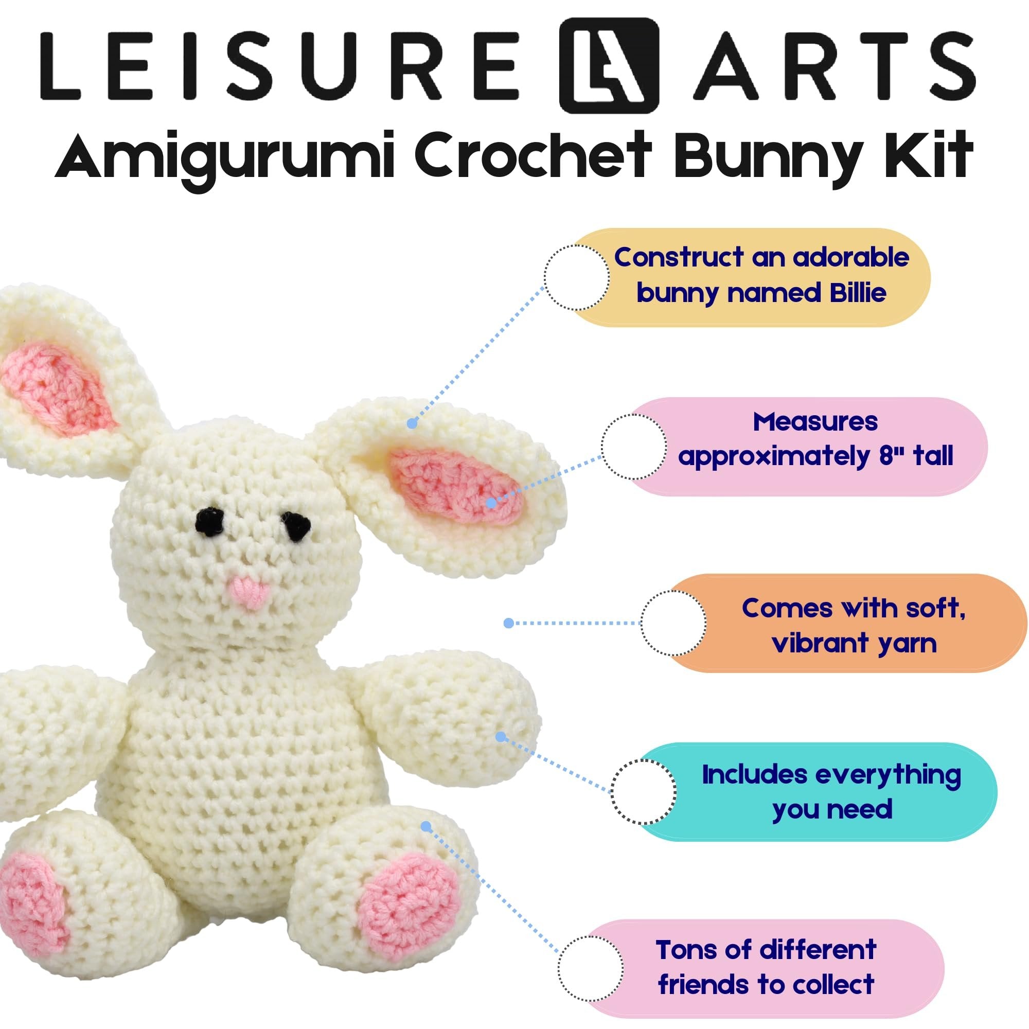 LEISURE ARTS - Crochet Kits, Friends Billie Bunny, 3", Crochet Kit for Beginners, Complete Kit, Animal Kits, Animal Kit, DIY Amigurumi Kits