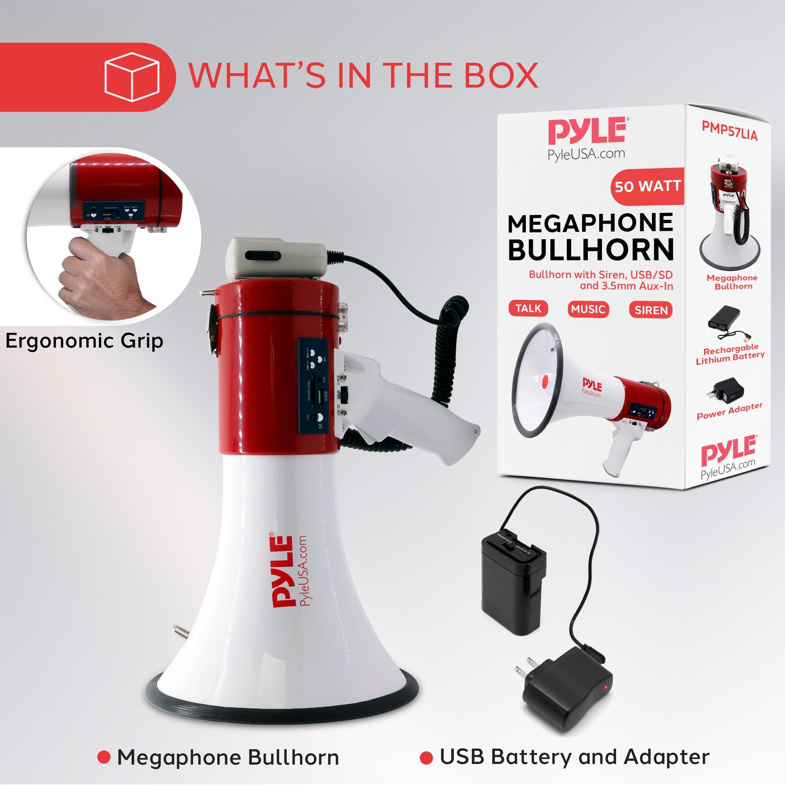 Pyle Megaphone with Siren Bullhorn 50 Watt - Bullhorn Speaker with Detachable Microphone, Portable Lightweight Strap & Rechargeable Battery - Professional Outdoor Voice for Police & Cheerleading (PMP57LIA), White, Large