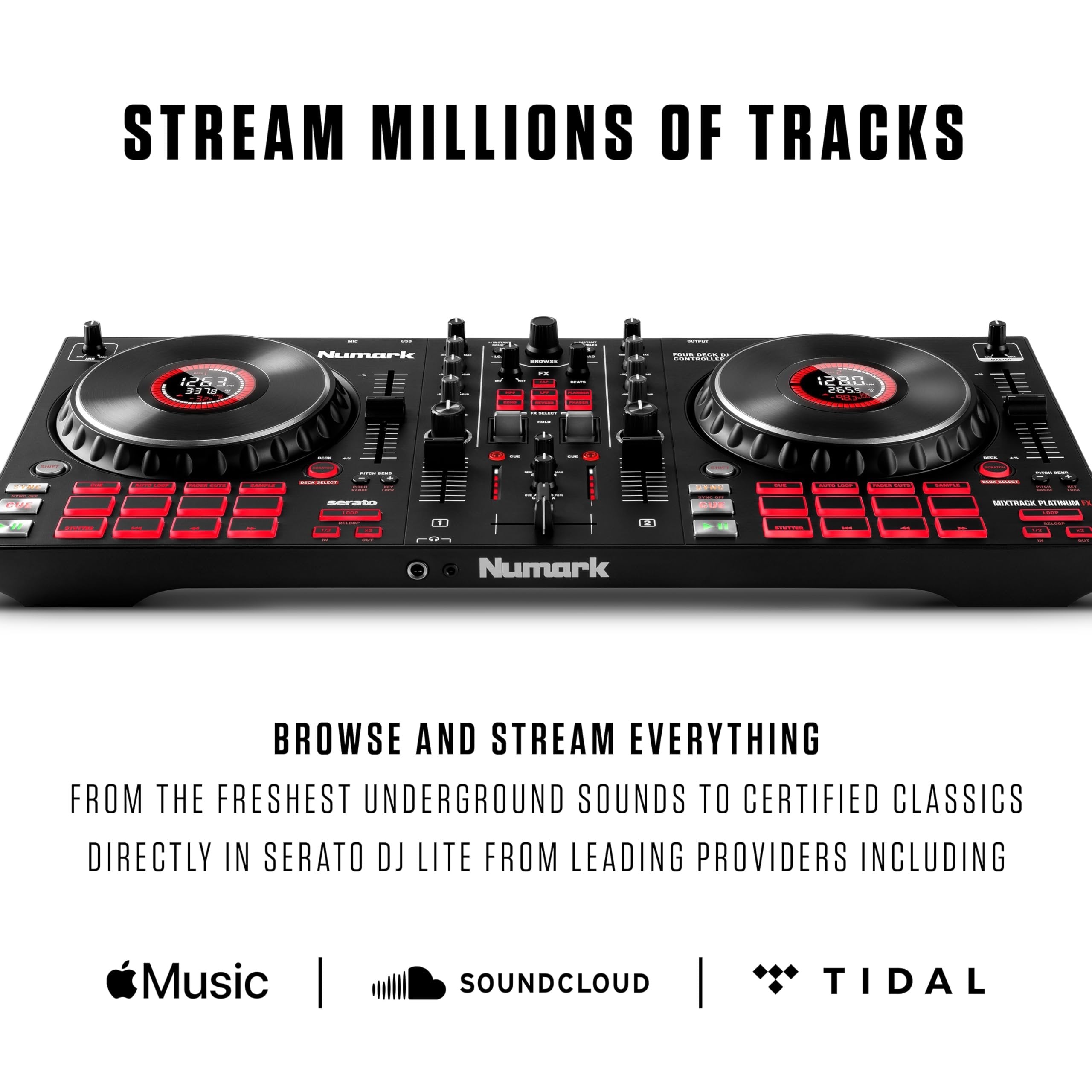Numark Mixtrack Platinum FX Serato DJ Controller with Jog Wheel Displays, 4 Decks, Mixer, Effects Paddles and (Audio Interface)