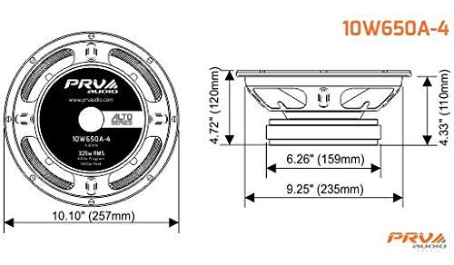 PRV AUDIO 10 Inch Woofer 10W650A-4 650 Watts Program Power, 4 Ohm, 2.5 in Voice Coil, 325 Watts RMS Pro Audio Speaker (Single)