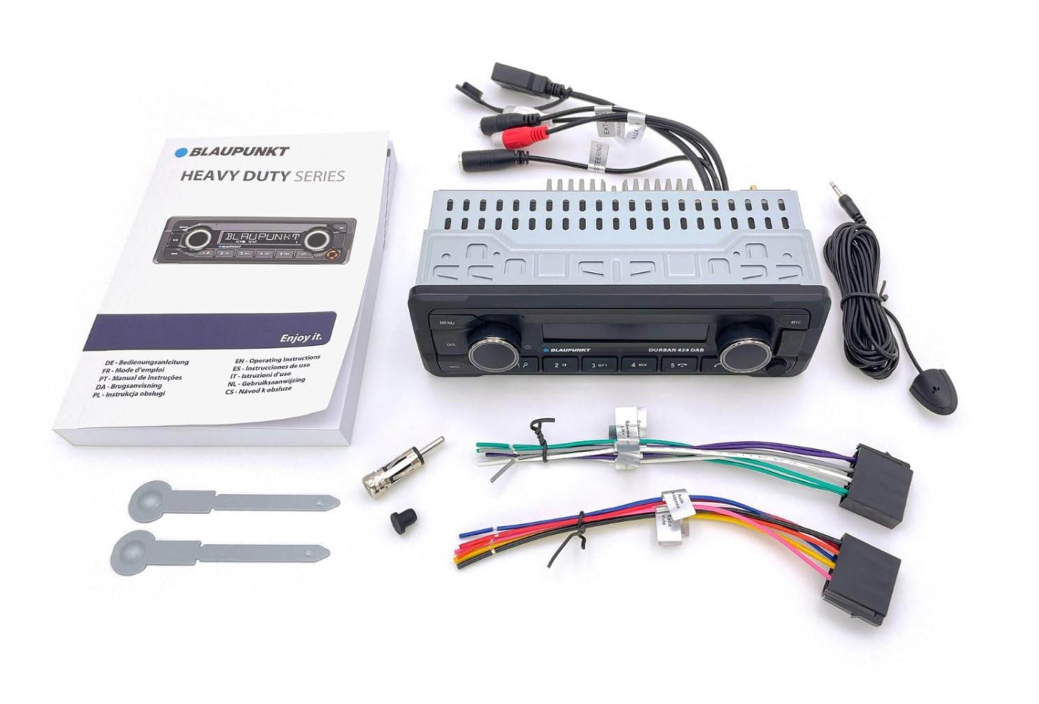 Blaupunkt DURBAN424DAB Single DIN Car Stereo with DAB+, AM FM Radio, Dual USB Digital Media Receiver, FLAC MP3 Player, Hands Free Calling, 50W x4 Power Dual Subwoofer RCA Output, Voice Assistant, 24V