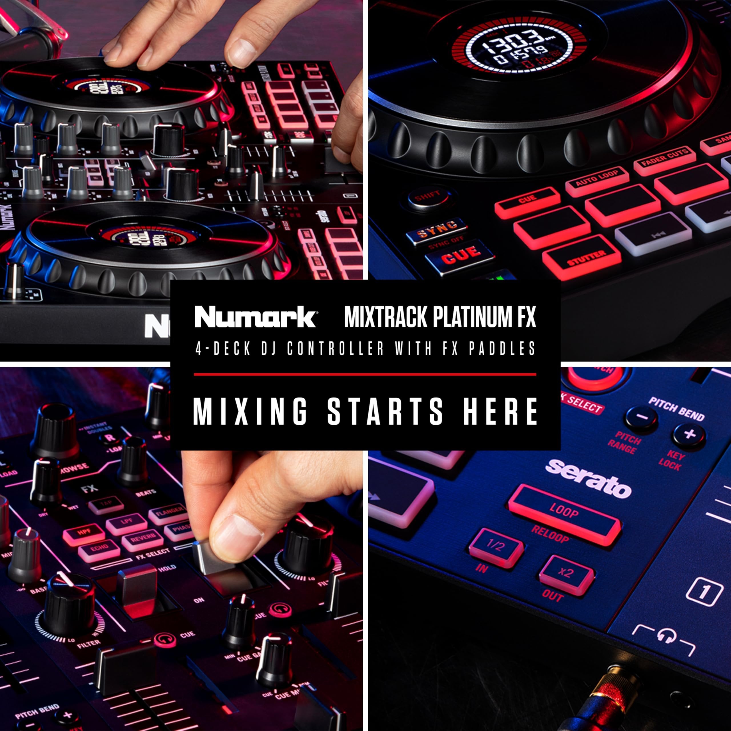 Numark Mixtrack Platinum FX Serato DJ Controller with Jog Wheel Displays, 4 Decks, Mixer, Effects Paddles and (Audio Interface)