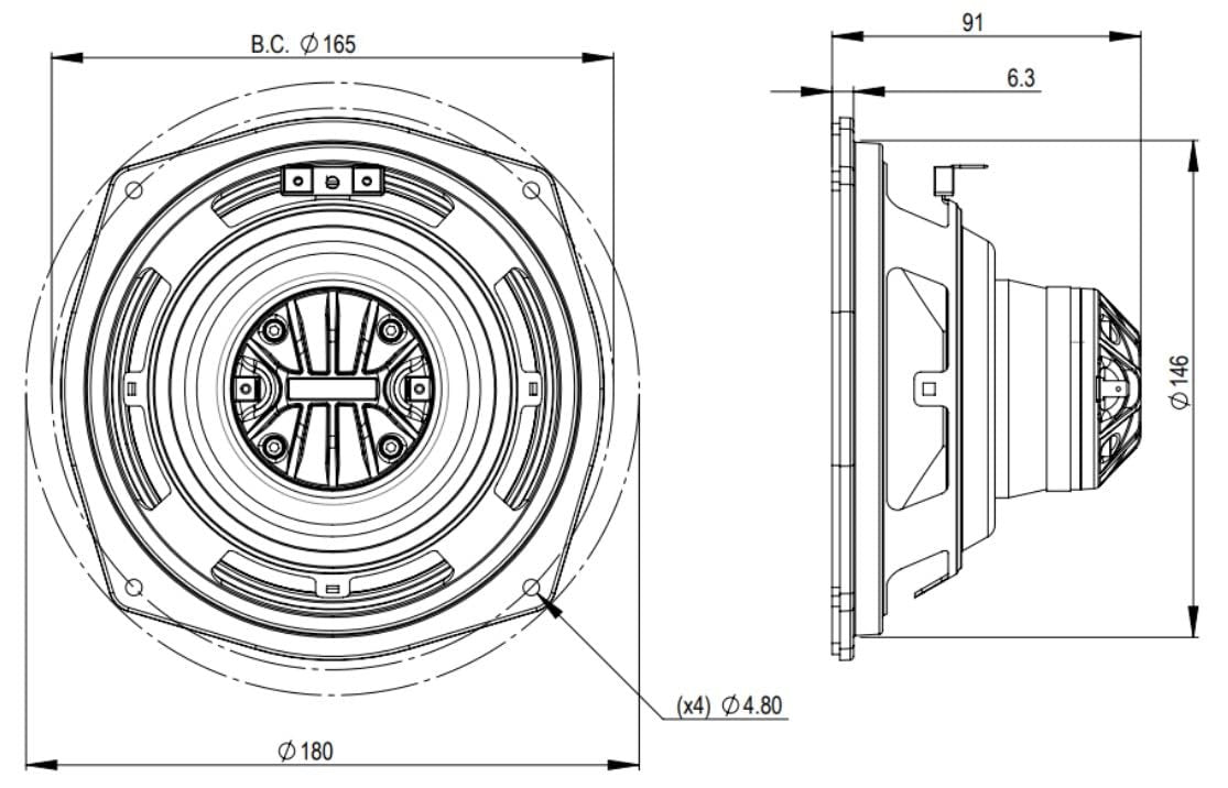 B&C Speakers 6CXN36-8 6.5-inch Neo Coaxial Driver 100 Watts Rms 200 Watts Peak 8 Ohms Motorcycle Car Pro Audio Sound Speaker Waterproof Front Side - ALT006CXN368