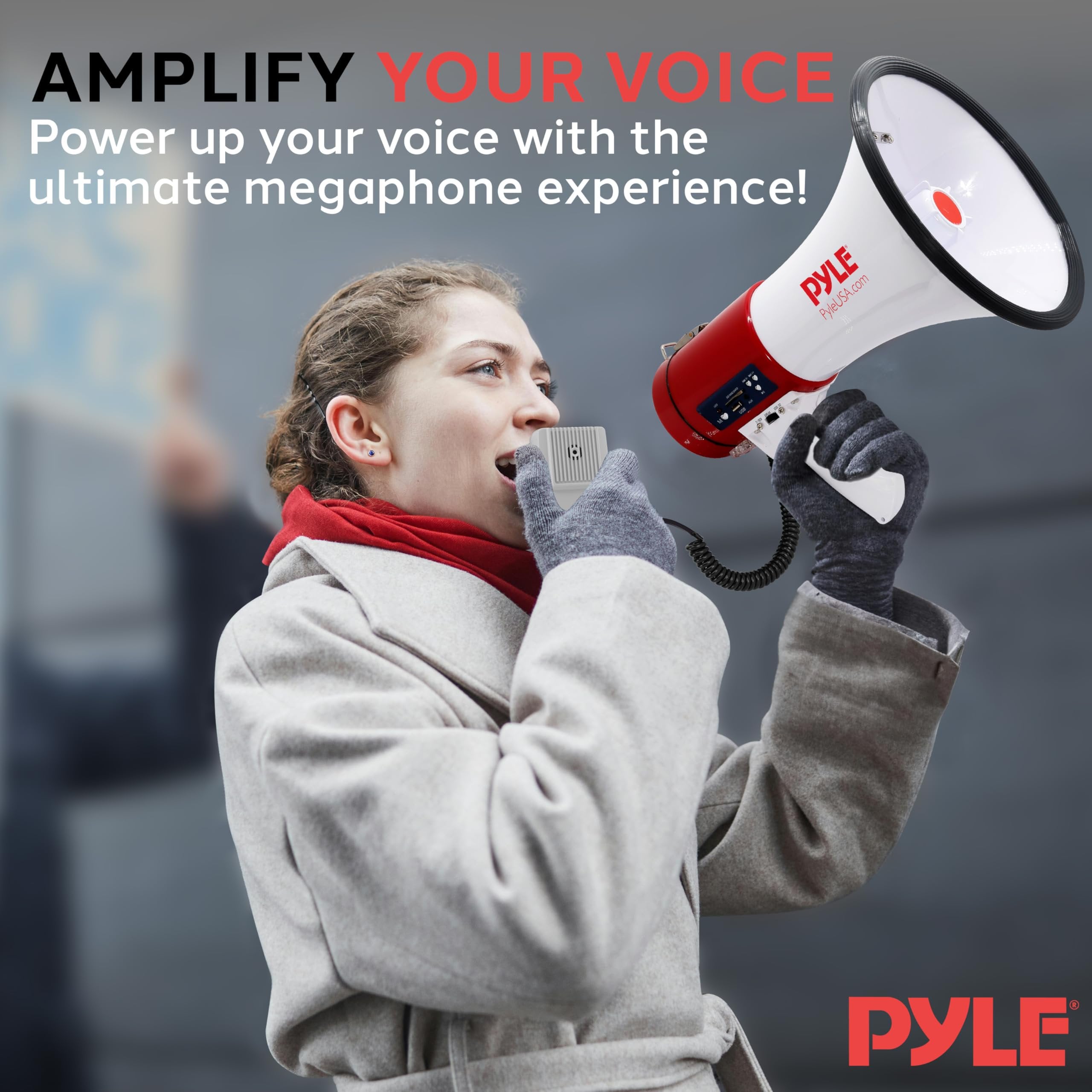 Pyle Megaphone with Siren Bullhorn 50 Watt - Bullhorn Speaker with Detachable Microphone, Portable Lightweight Strap & Rechargeable Battery - Professional Outdoor Voice for Police & Cheerleading (PMP57LIA), White, Large