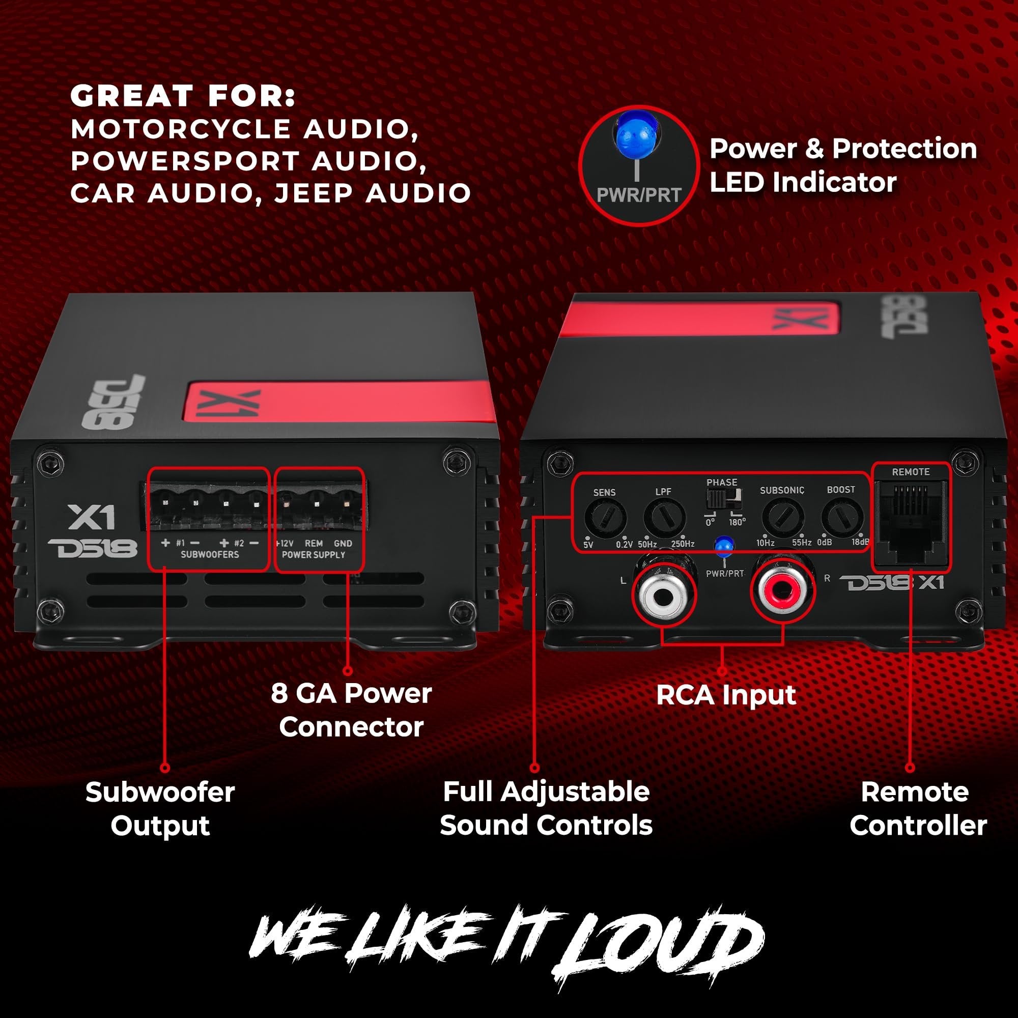 DS18 X1 Ultra Compact Car Audio Amplifier Class D 1 Channel Monoblock 900 Watts Peak Remote Level Control Included,Black