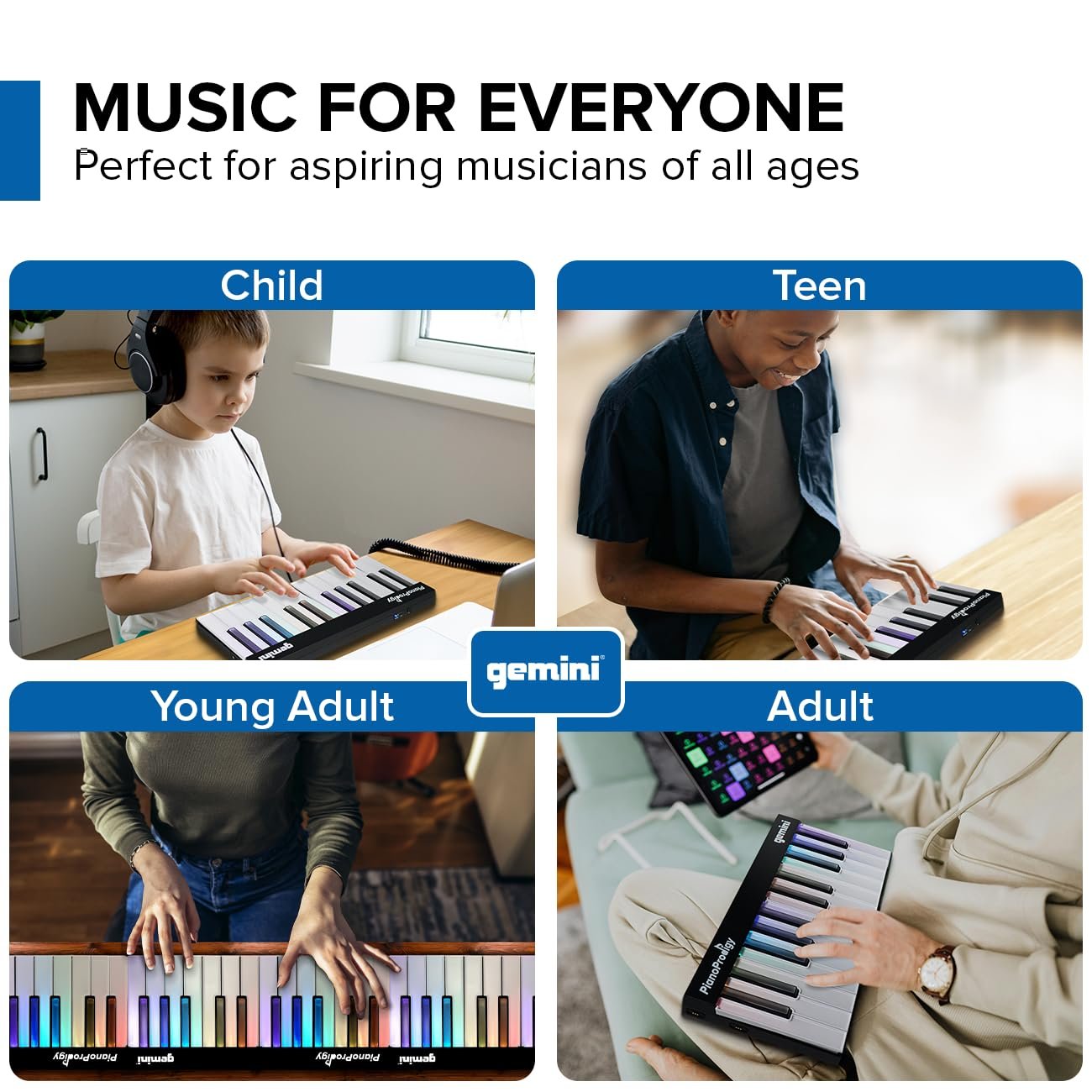 Gemini Sound PianoProdigy: 24-Key Light-Up Wireless MIDI Keyboard | Must Connect to iOS/Android Device for Sound | Expandable, Bluetooth, Portable - Ideal for Young Musicians Learning Piano (24 Keys)