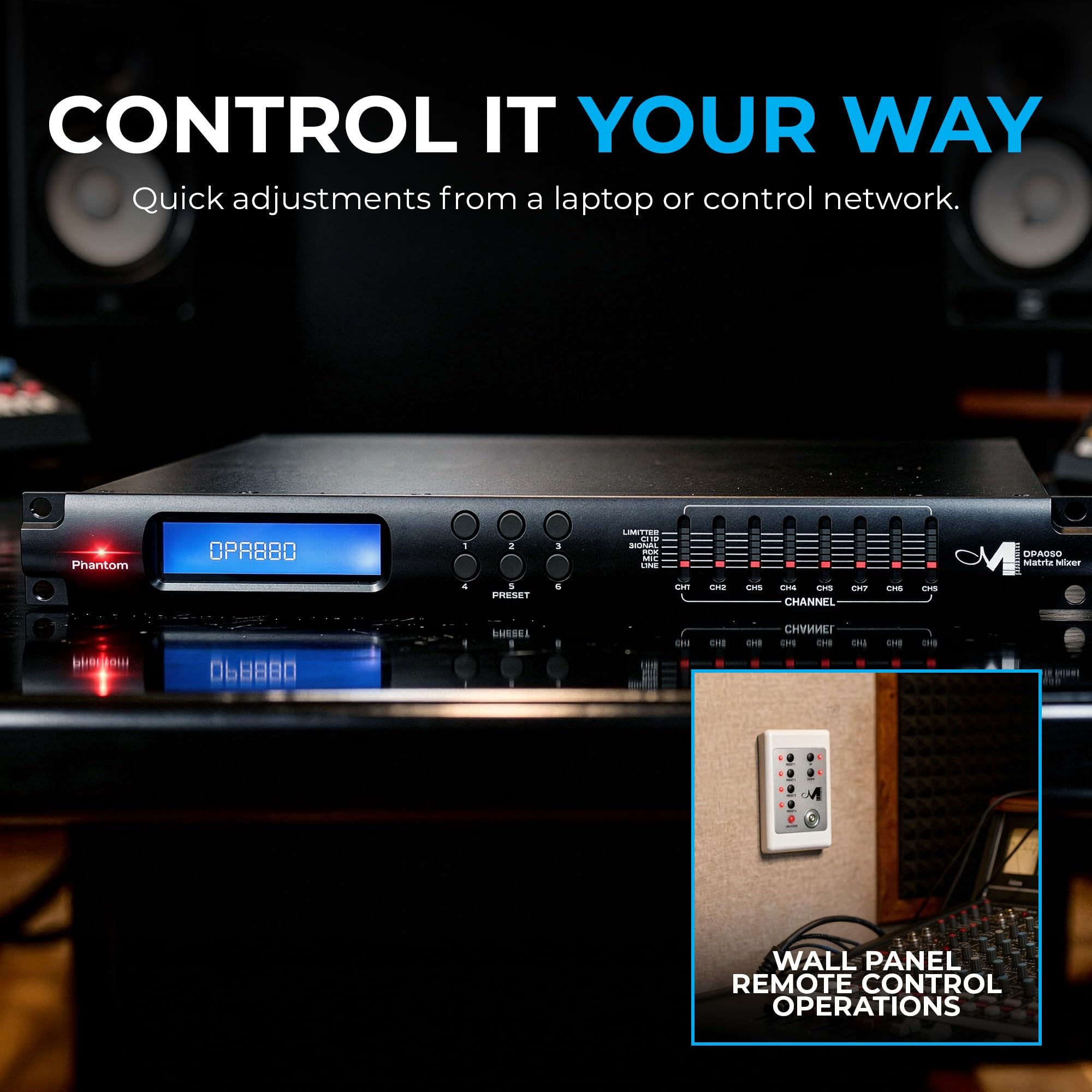 MARANI 8x8 Matrix Switch DSP System, Audio Matrix with USB/RS485 Control, Phantom Power, 6 Presets, LCD Display, Feedback Eliminator, 5-Band EQ, 48V Mic Inputs, 8 Inputs & Outputs
