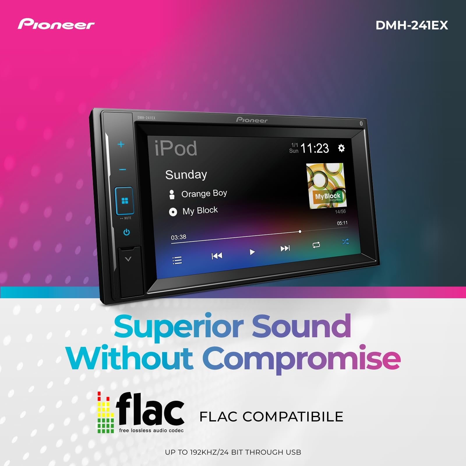 Pioneer DMH-241EX 6.2" Resistive Touchscreen, Double Din – Bluetooth, Backup Camera, AM/FM Radio, USB, FLAC Playback, Short Chassis, 13-Band EQ, 50W x 4 Output