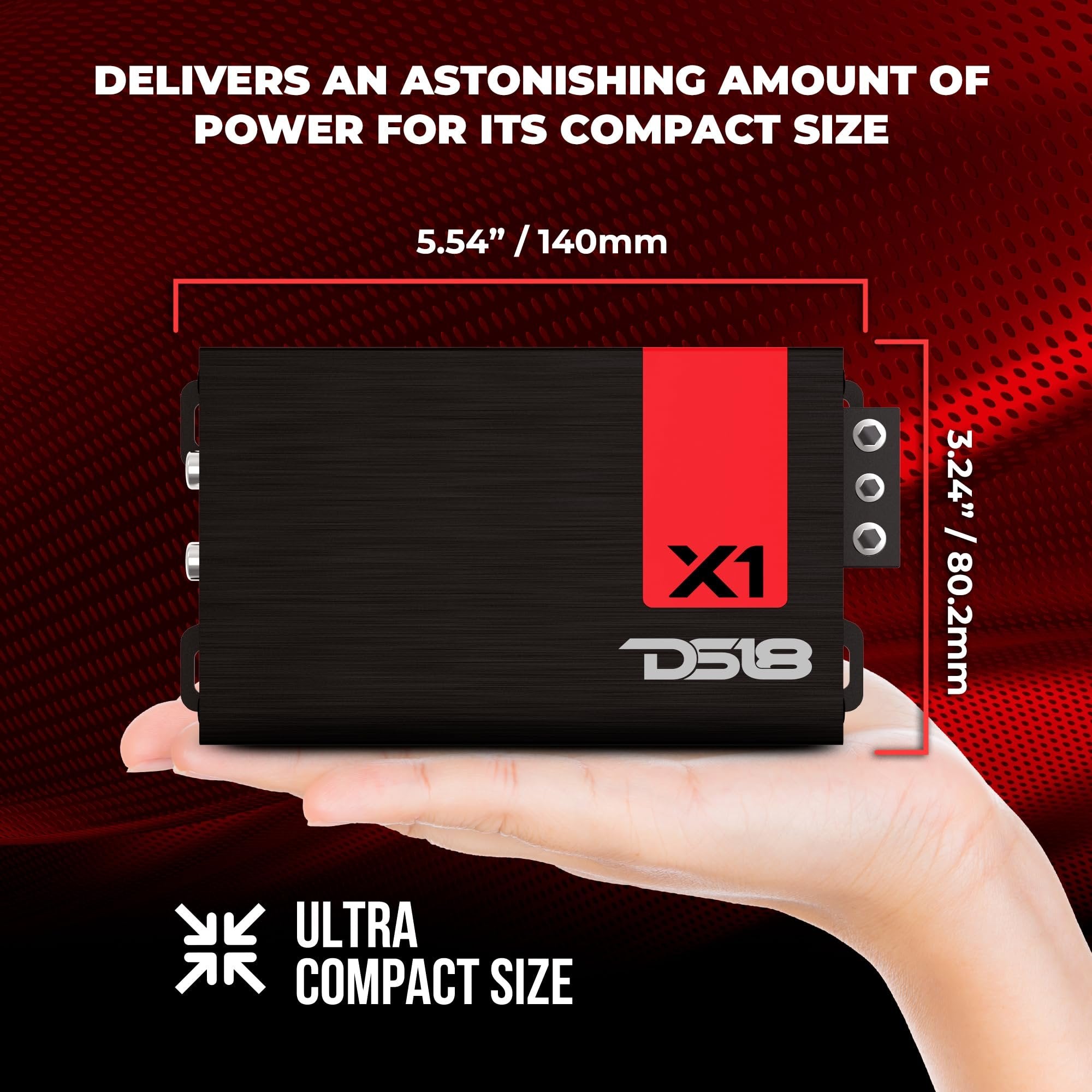 DS18 X1 Ultra Compact Car Audio Amplifier Class D 1 Channel Monoblock 900 Watts Peak Remote Level Control Included,Black