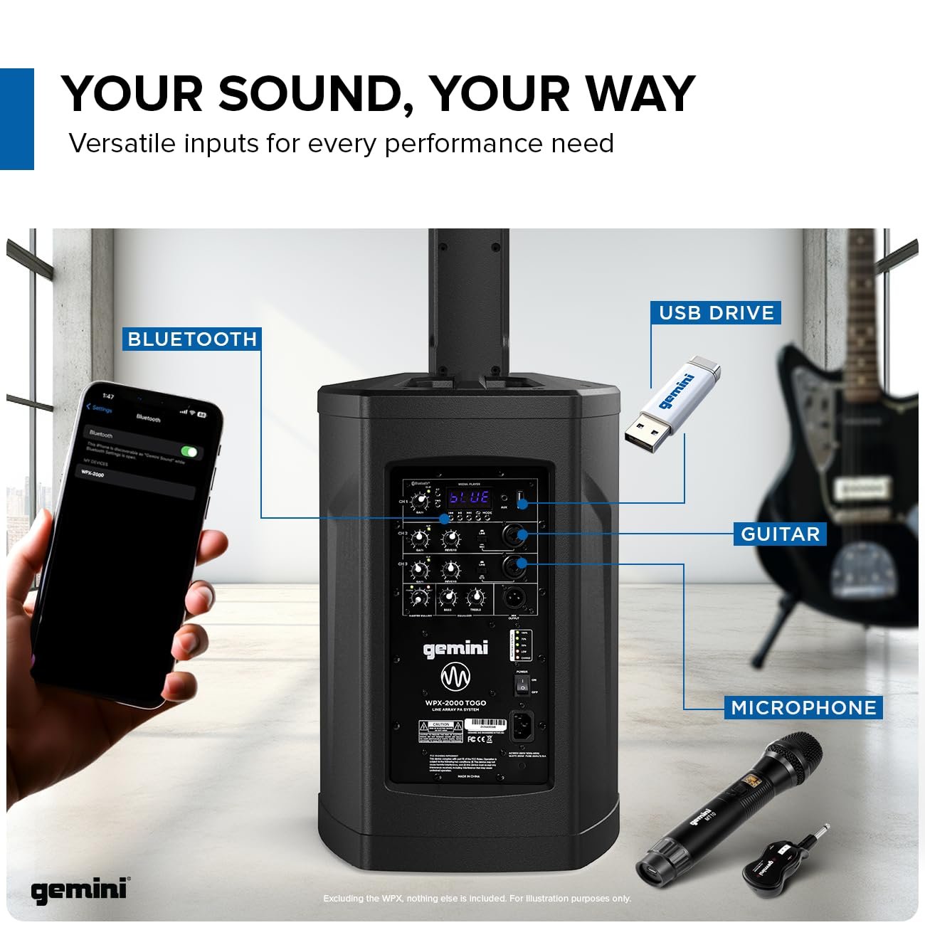 Gemini Sound WPX-2000TOGO Active Battery-Powered Column Line Array Speaker System - 1000W Peak Power, 8-Hour Playtime, Bluetooth, TWS Link, Wireless Audio, 3-Channel Mixer, Portable PA for DJs, Events