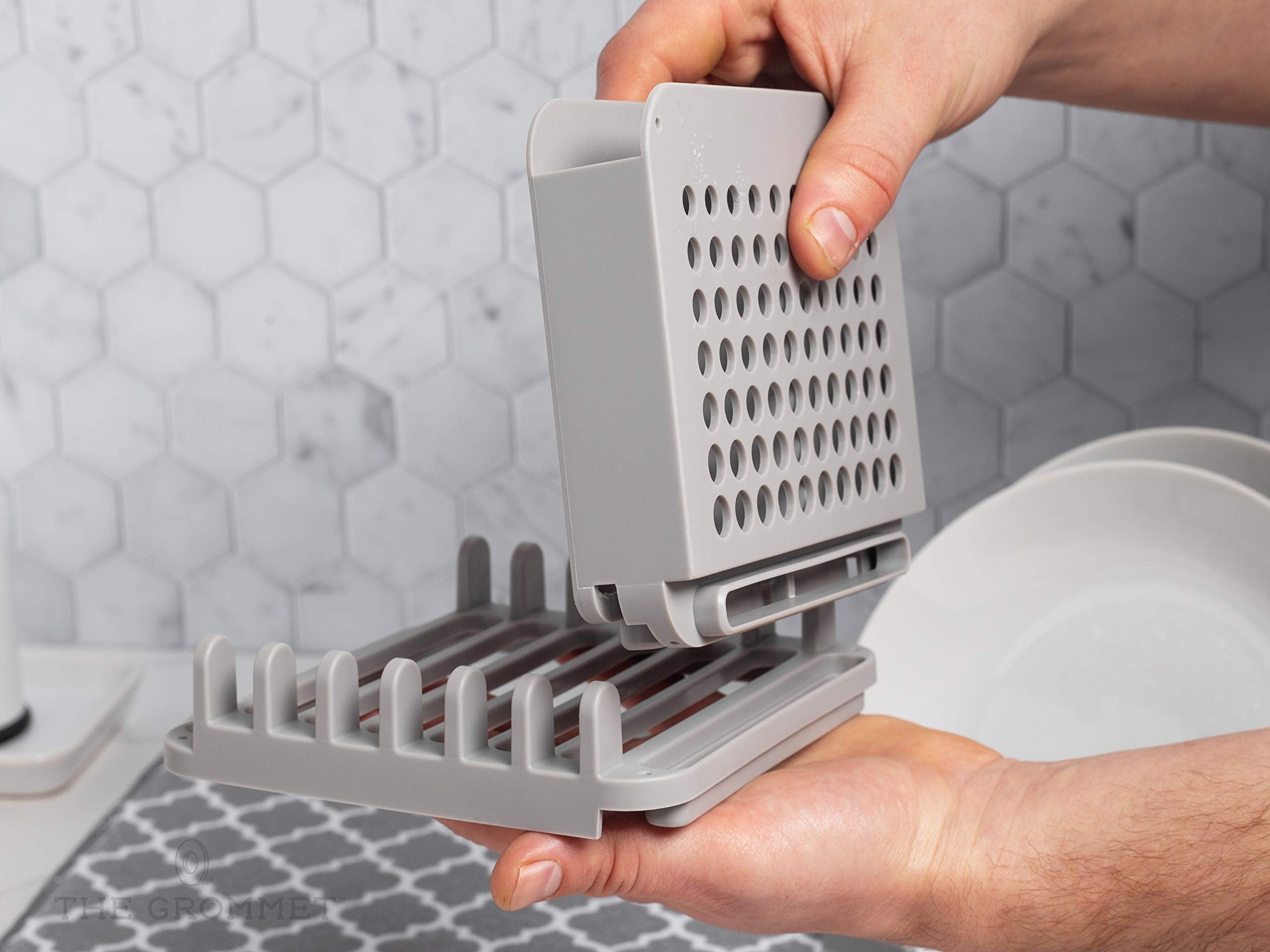 Compact Collapsible Dish Drying Rack and Ultra Absorbent Microfiber Mat. Drain and Air Dry 5 Plates, 2 Bowls and Silverware Without Dripping on Counters or Taking Up Lots of Space (Light Gray)