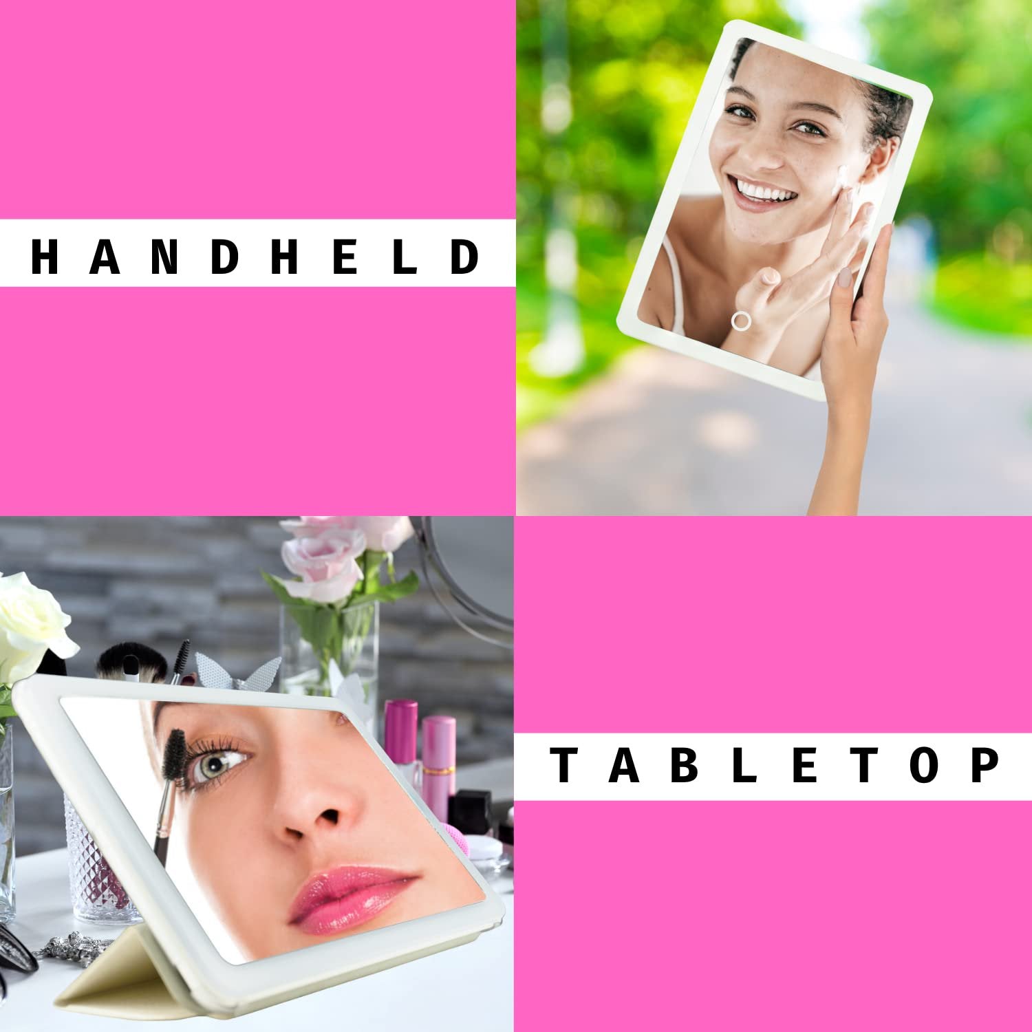 Onyx Professional Portable LED Makeup Mirror with Lights – Handheld or Stand Up Mirror - Folding, Dimmable, Rechargeable, Distortion Free Cosmetic Mirror - Must Have Travel Accessory for Women