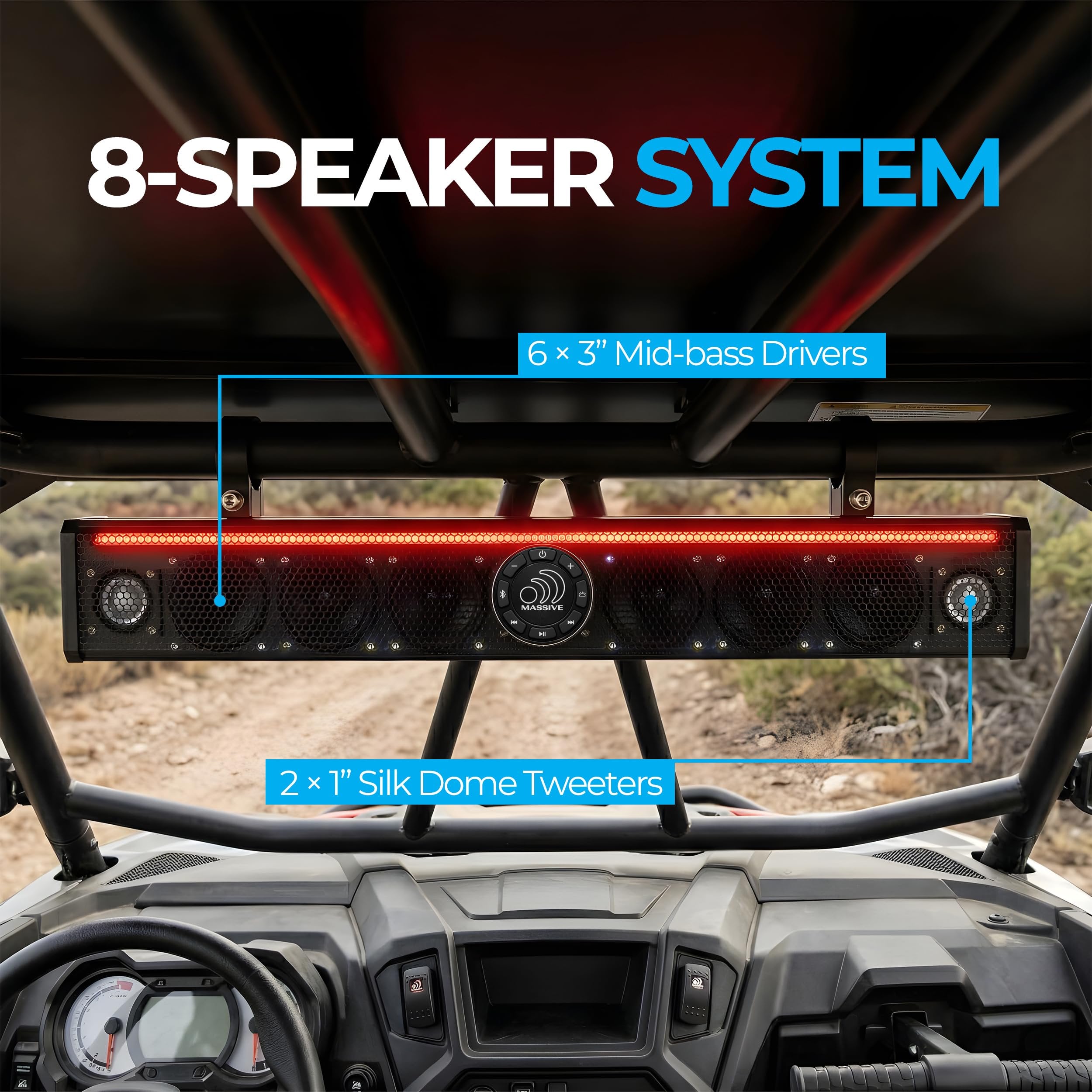 Massive Audio T8SB 8-Speaker 30" UTV Soundbar, 400W Marine Sound Bar for UTV, ATV, Golf Cart, IP65 Waterproof Outdoor Sound Bar with RGB LED Lighting and Universal Mounting for 1.75" to 2" Roll Cages