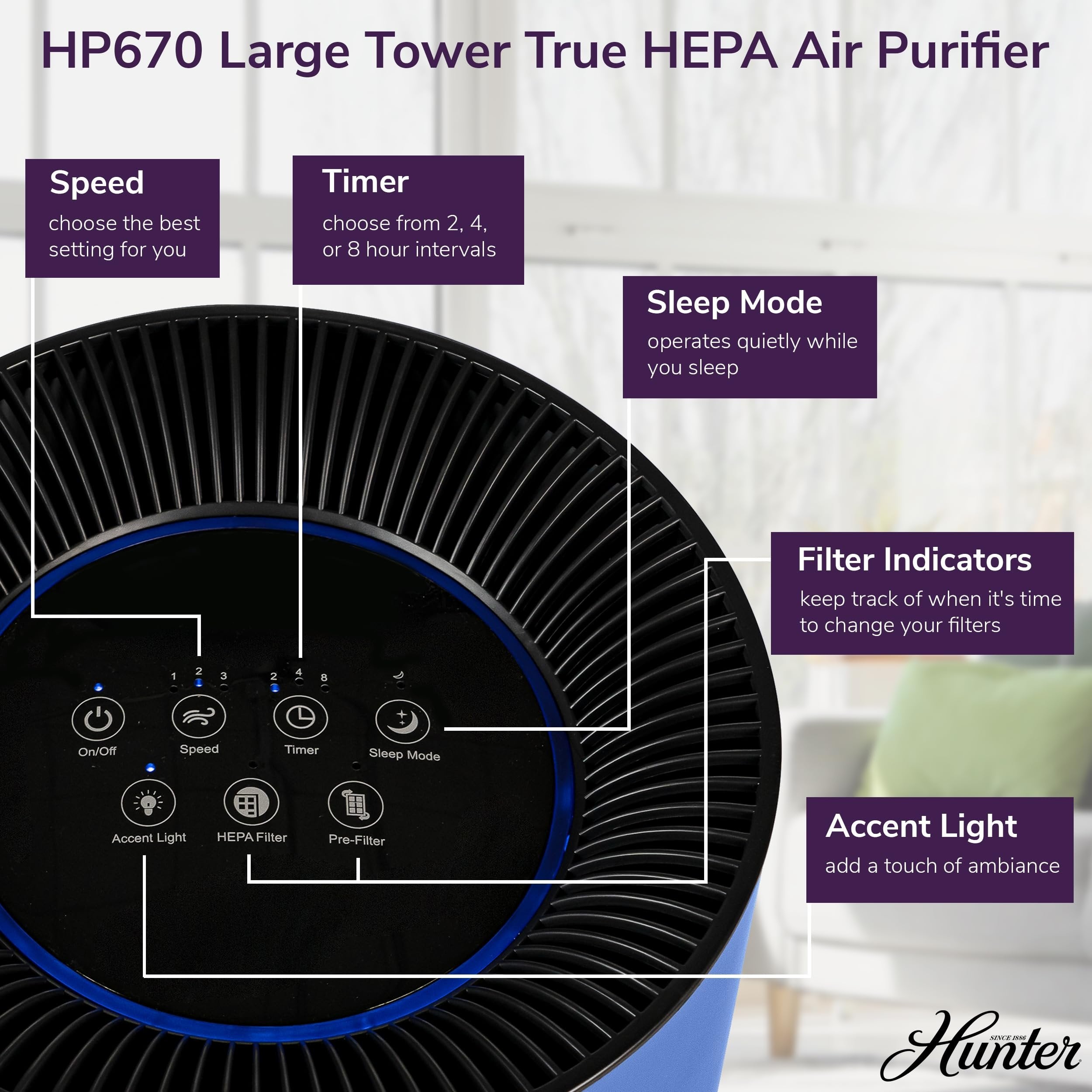 Hunter Fan Company HP670 True HEPA Air Purifier for Allergies, Removes Dust, Smoke, Mold, and Pollen, Covers up to 195 Sq. Ft., Digital Tall Tower, Graphite