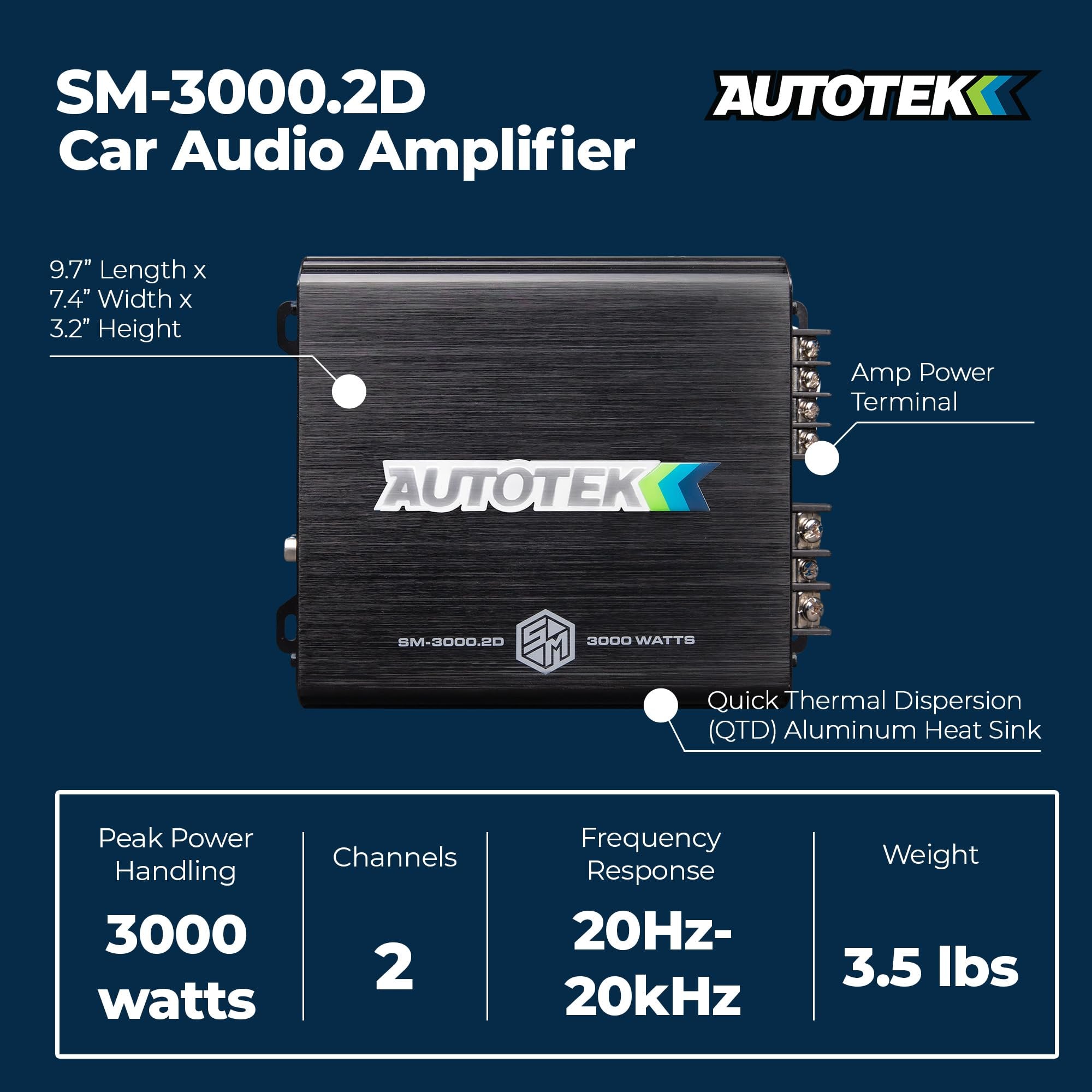 Autotek 3000 Watt 2 Channel Car Audio Amplifier with Bass Knob, High Output Class D Mono Bridged 4 Ohm Stable Input, Street Machine, SM-3000.2D, Black