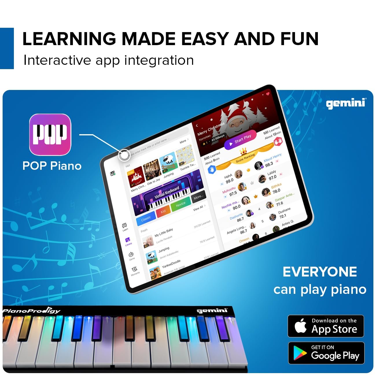 Gemini Sound PianoProdigy: 24-Key Light-Up Wireless MIDI Keyboard | Must Connect to iOS/Android Device for Sound | Expandable, Bluetooth, Portable - Ideal for Young Musicians Learning Piano (24 Keys)