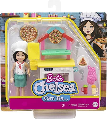 Barbie Chelsea Can Be Doll & Playset, Brunette Pizza Chef Small Doll with Pizza Oven, Food Pieces, Chef's Hat & More Themed Accessories