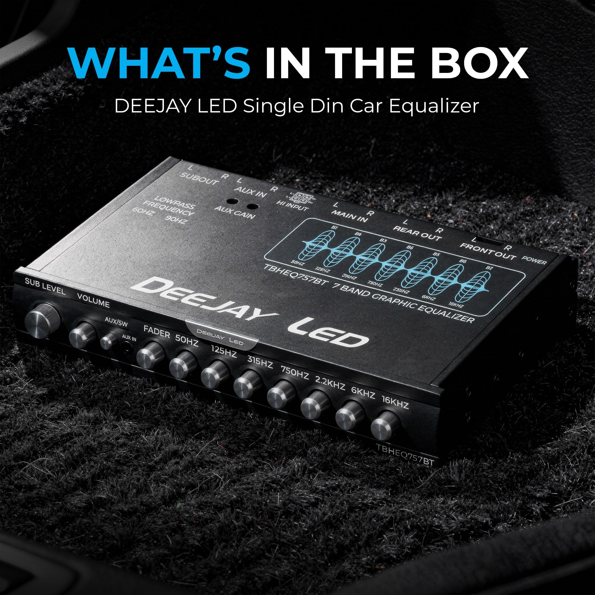 DEEJAY LED Single Din Car Equalizer, Wireless Bluetooth 7 Band Equalizer for Car Audio, Subwoofer Fader, Stereo RCA Inputs & Outputs, Front Panel Aux in, Sound, 18dB Crossover