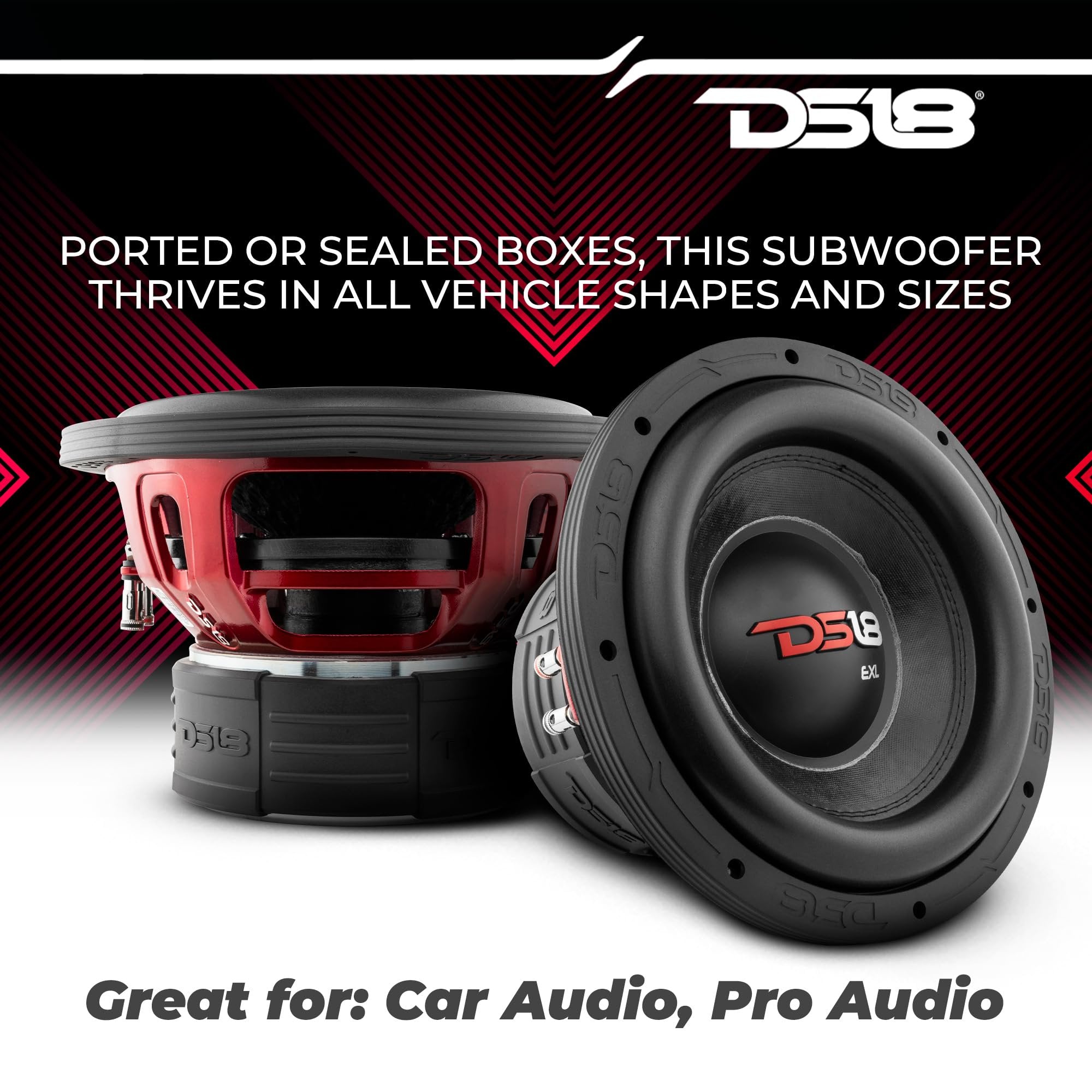 DS18 EXL-X10.4D Subwoofer in Black - 10" Speaker, 1750W Max Power, 850W RMS Power, Fiber Glass Dust Cap, Red Aluminum Frame, DVC, 4 Ohm Impedance, Ferrite Magnet (1 Speaker)